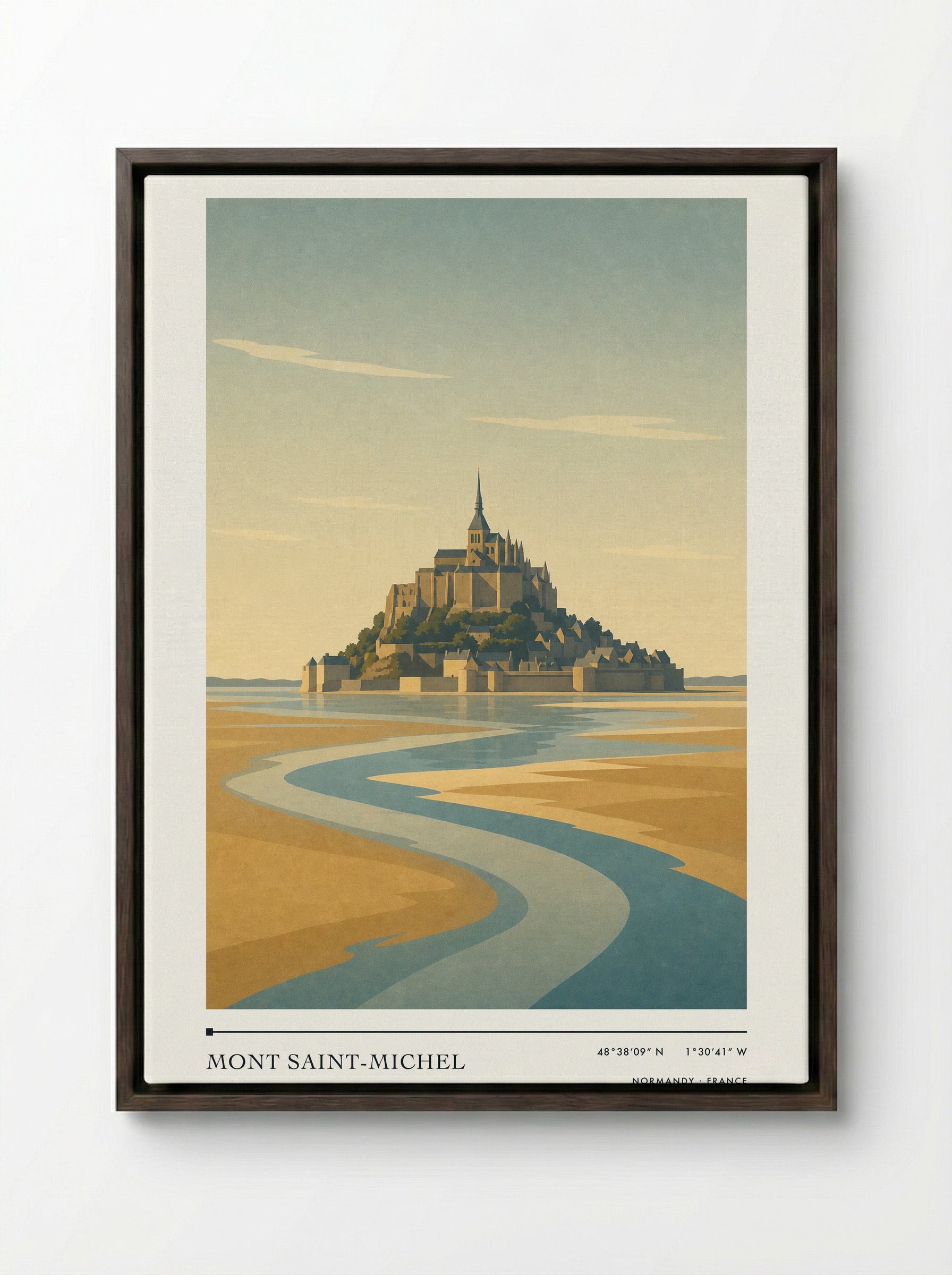 Mont Saint-Michel Travel Poster Artwork - Framed Canvas Dark Wood
