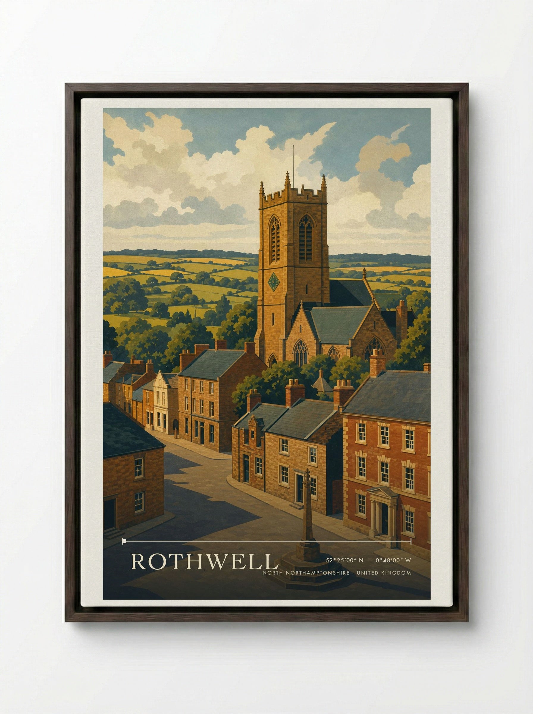 Rothwell North Northamptonshire United Kingdom Travel Poster - Framed Canvas Dark Wood