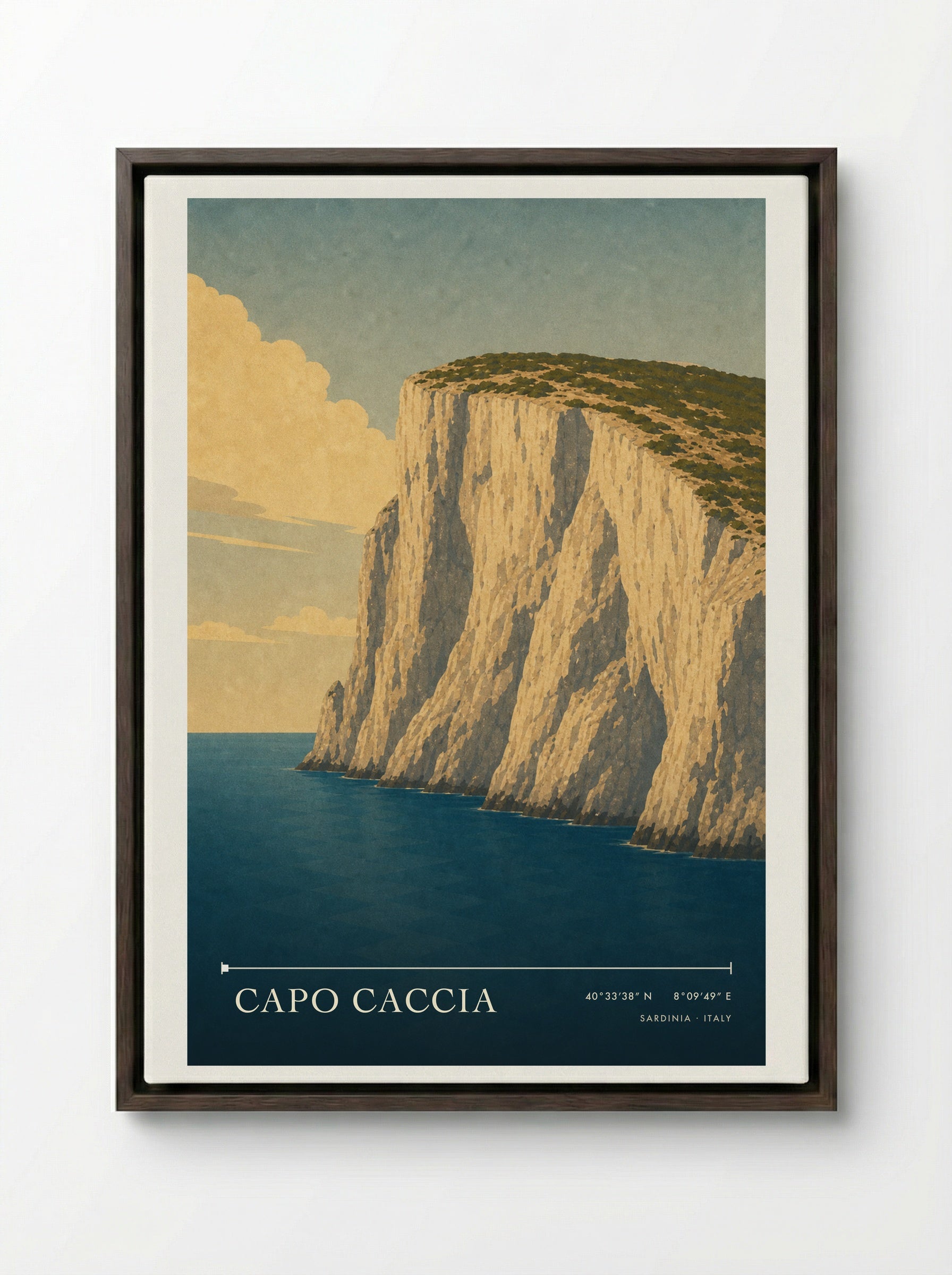 Capo Caccia Travel Poster Artwork - Framed Canvas Dark Wood