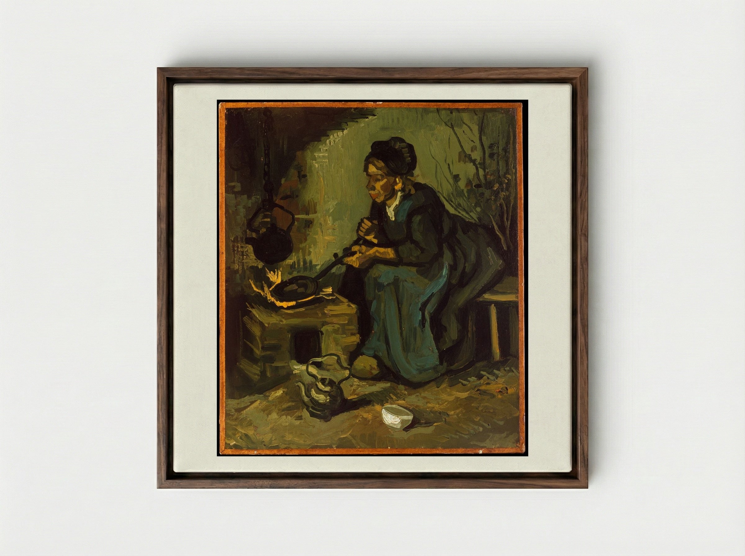 Peasant Woman Cooking by a Fireplace - Vincent van Gogh - Framed Canvas Dark Wood