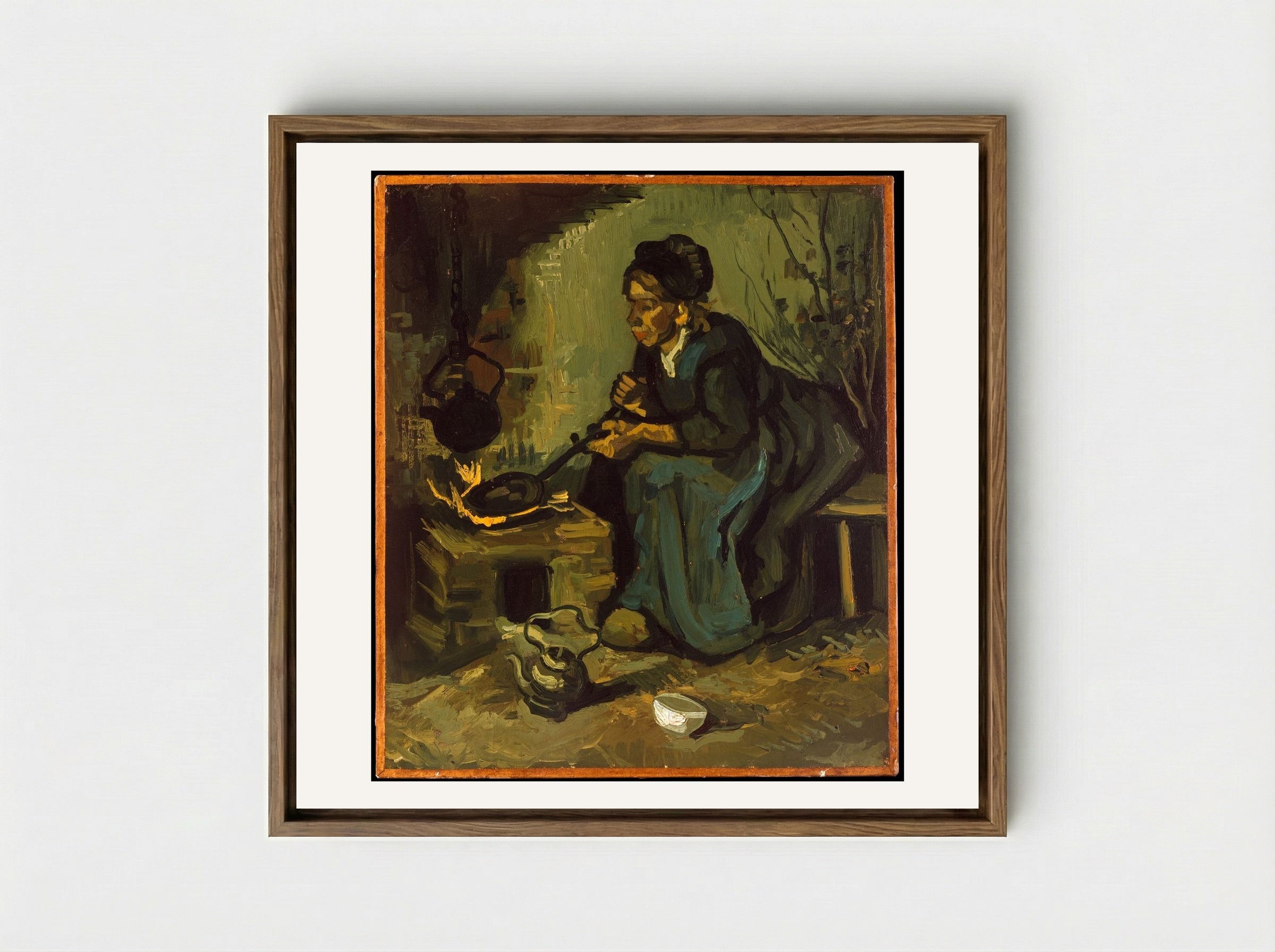 Peasant Woman Cooking by a Fireplace - Vincent van Gogh - Framed Canvas Wood