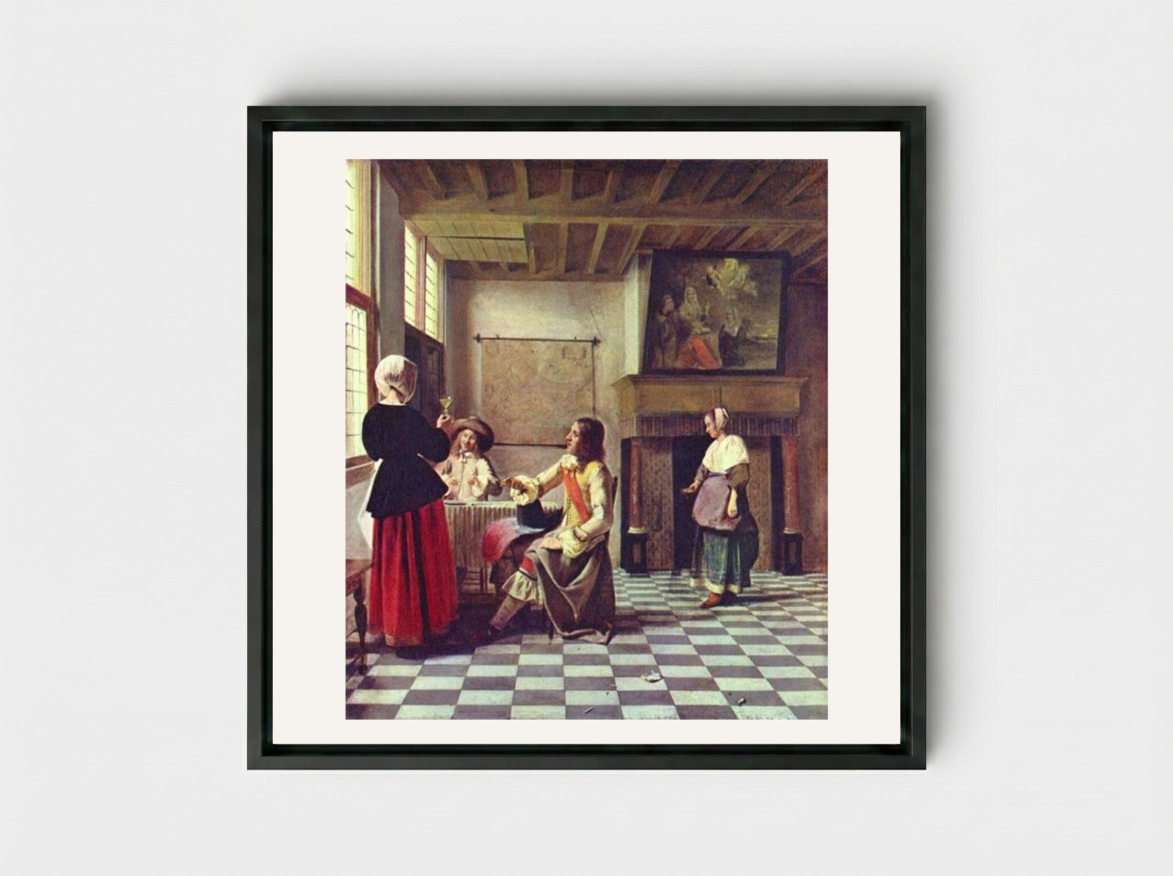 A Woman Drinking with Two Men - Pieter de Hooch - Framed Canvas Black