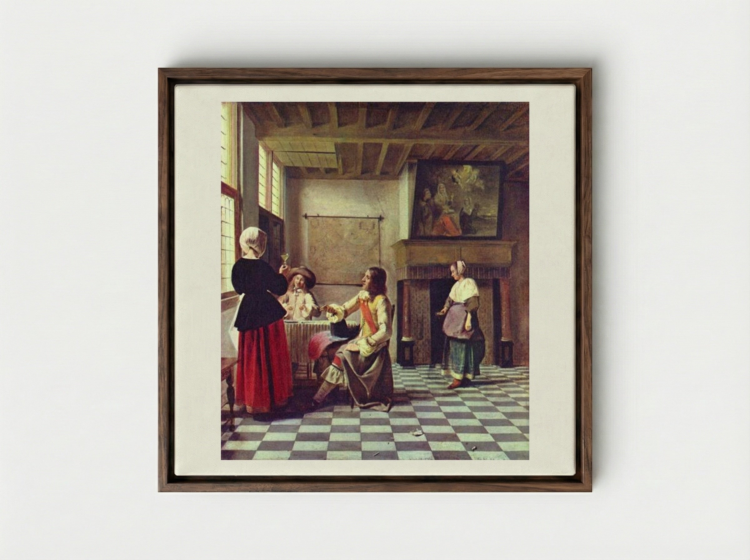 A Woman Drinking with Two Men - Pieter de Hooch - Framed Canvas Dark Wood