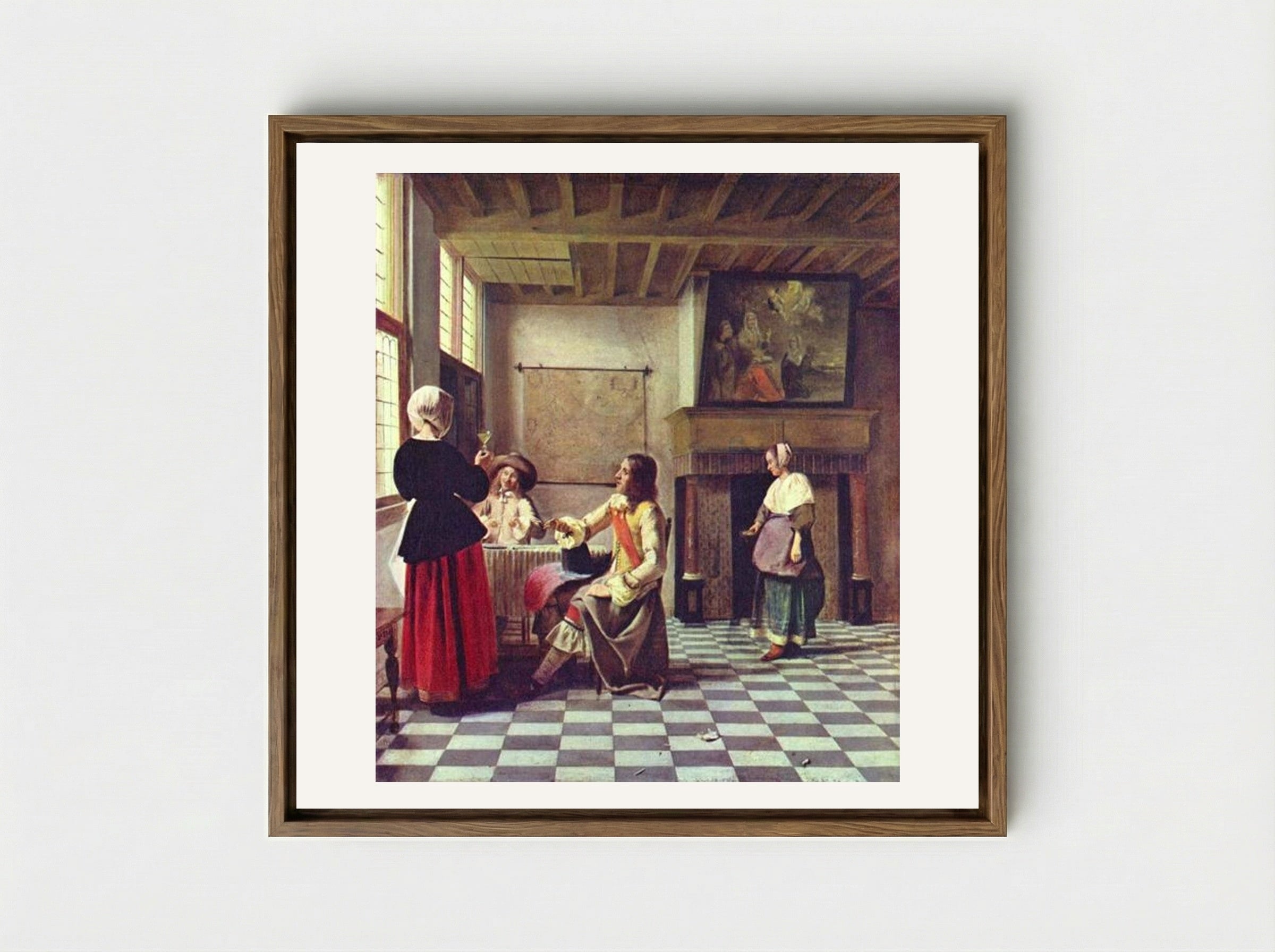 A Woman Drinking with Two Men - Pieter de Hooch - Framed Canvas Wood