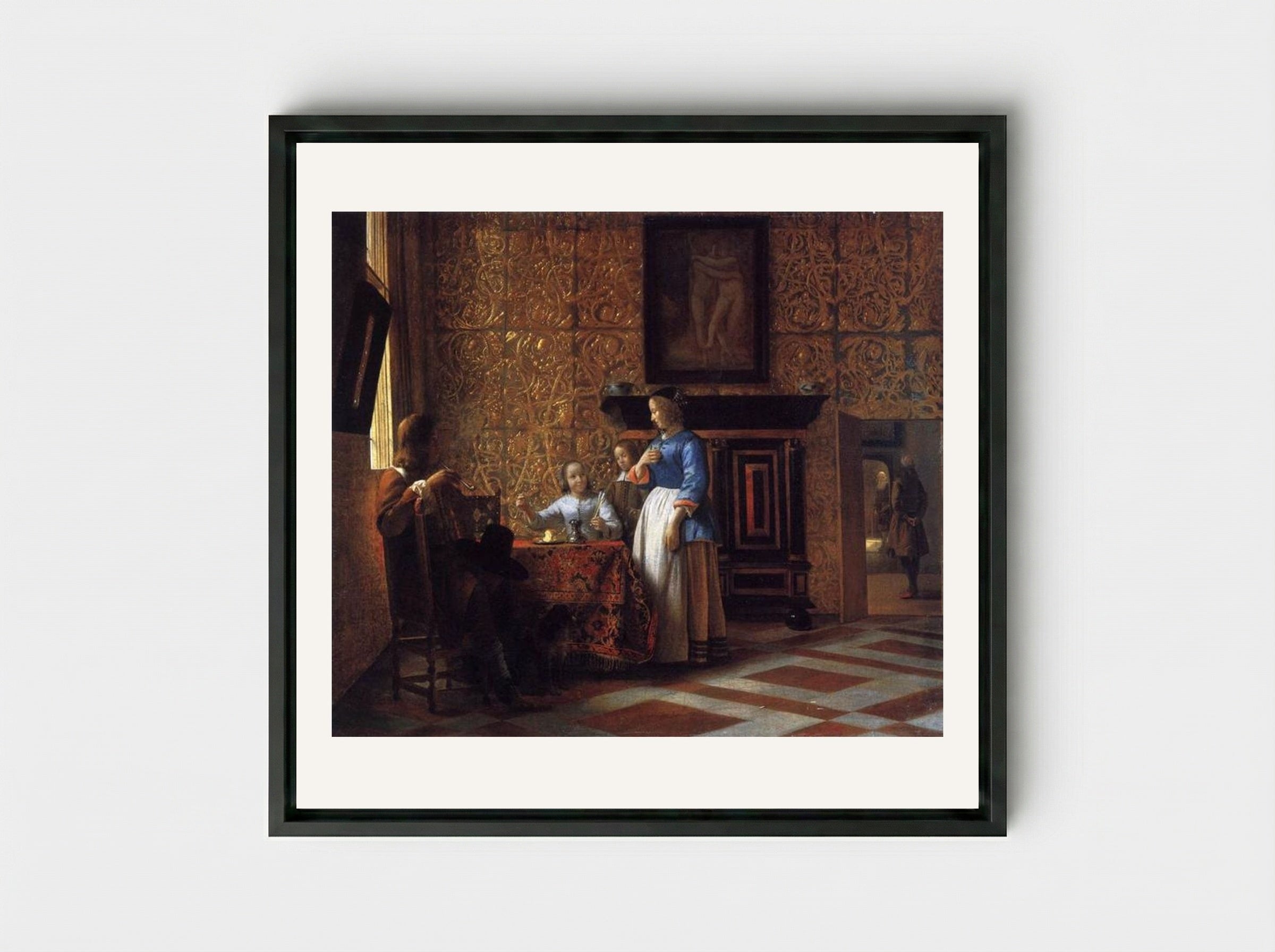 Interior with Figures - Pieter de Hooch - Framed Canvas Black
