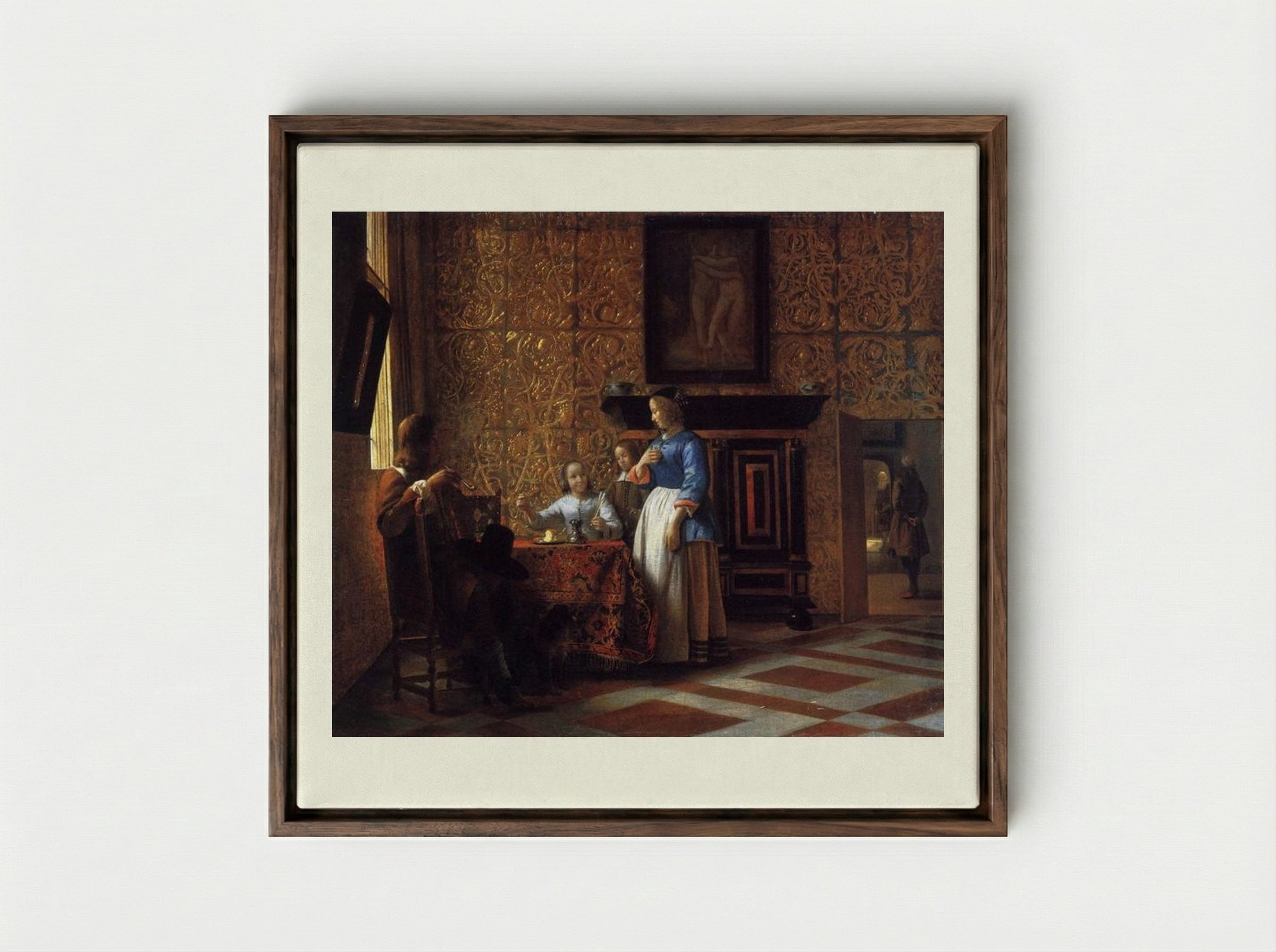 Interior with Figures - Pieter de Hooch - Framed Canvas Dark Wood