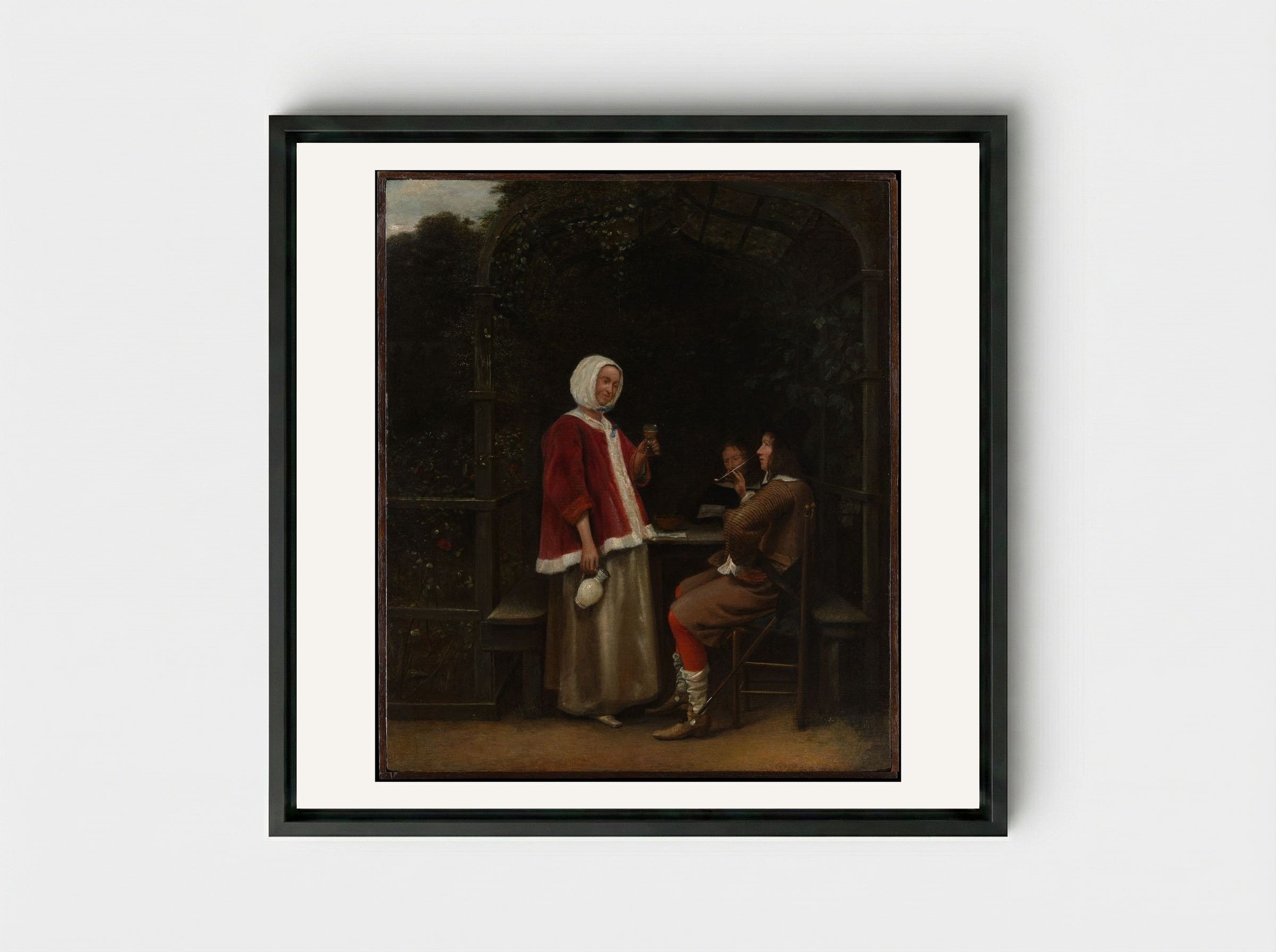 A Woman and Two Men in an Arbor - Pieter de Hooch - Framed Canvas Black