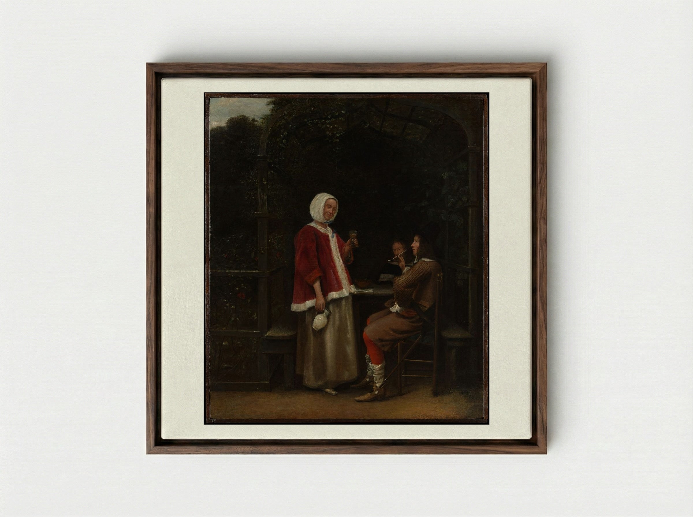 A Woman and Two Men in an Arbor - Pieter de Hooch - Framed Canvas Dark Wood