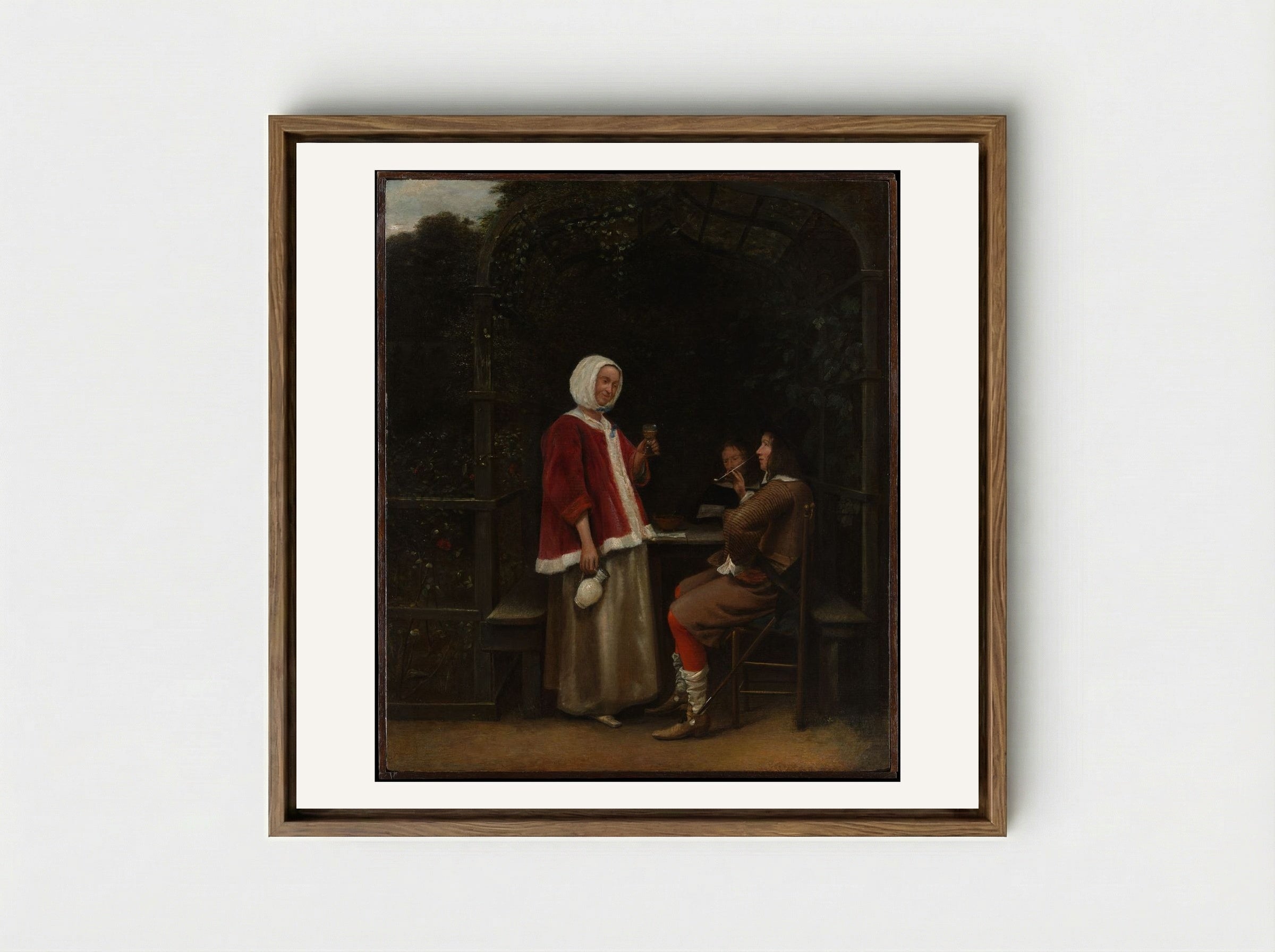 A Woman and Two Men in an Arbor - Pieter de Hooch - Framed Canvas Wood