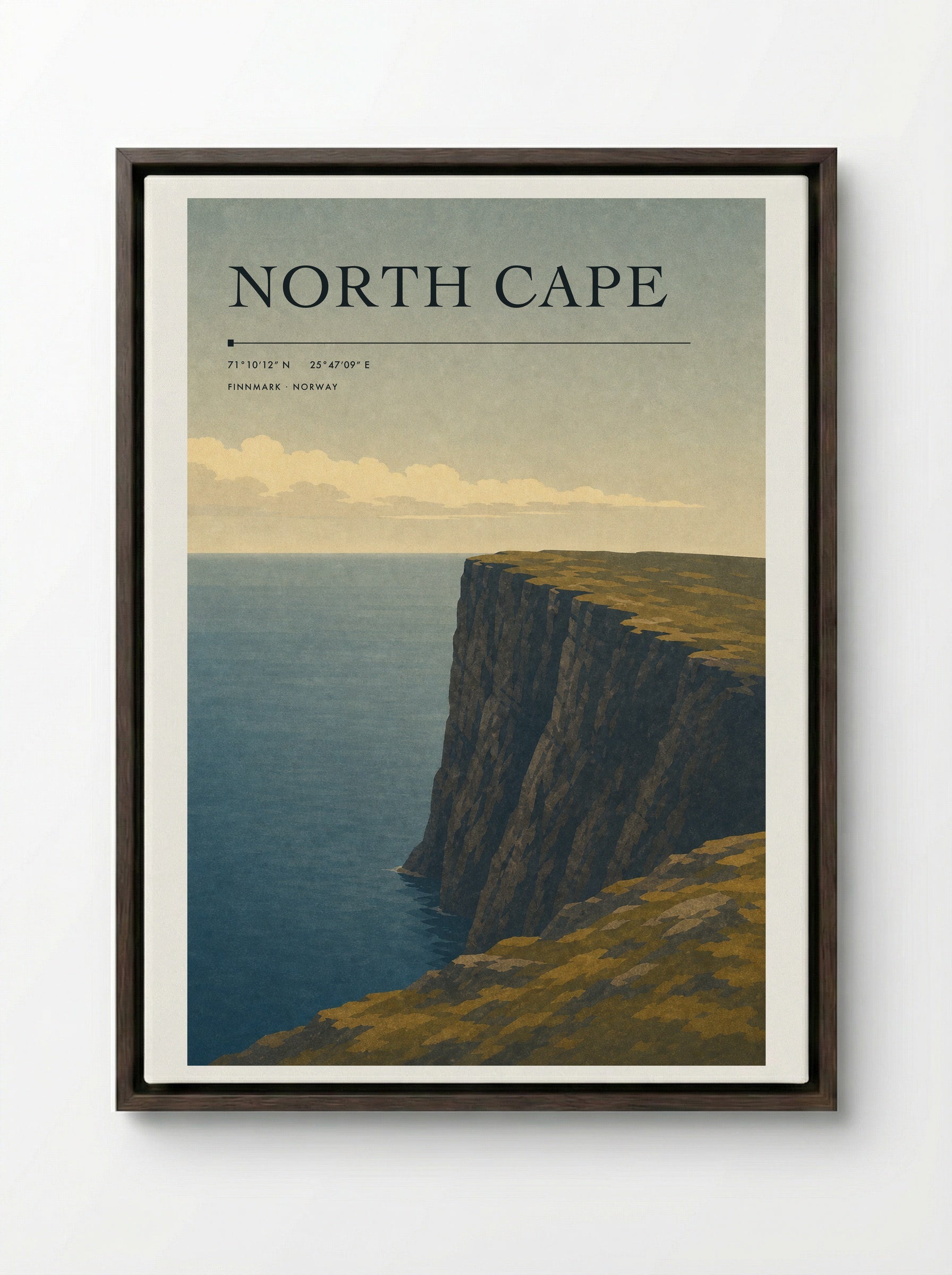 North Cape Travel Poster Artwork - Framed Canvas Dark Wood