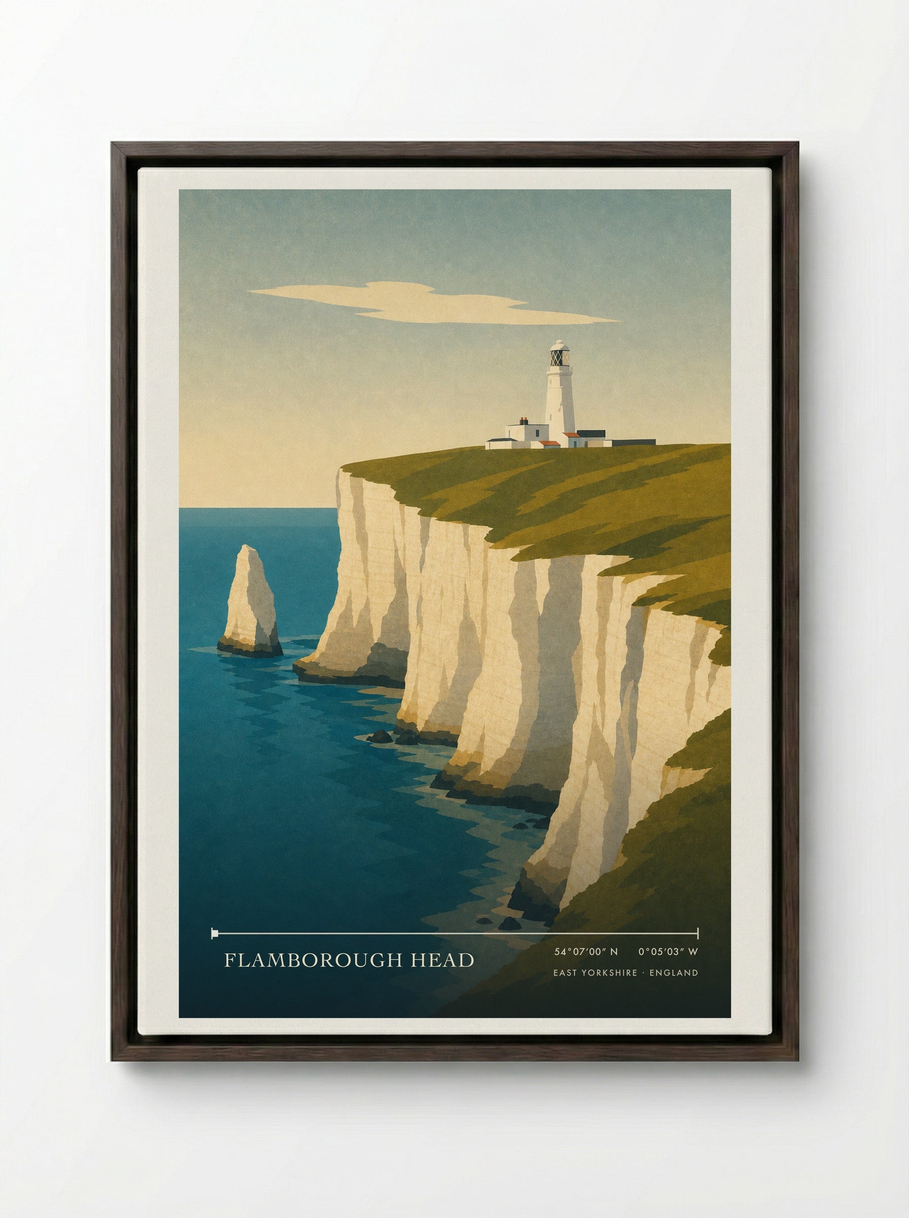Flamborough Head Travel Poster Artwork - Framed Canvas Dark Wood