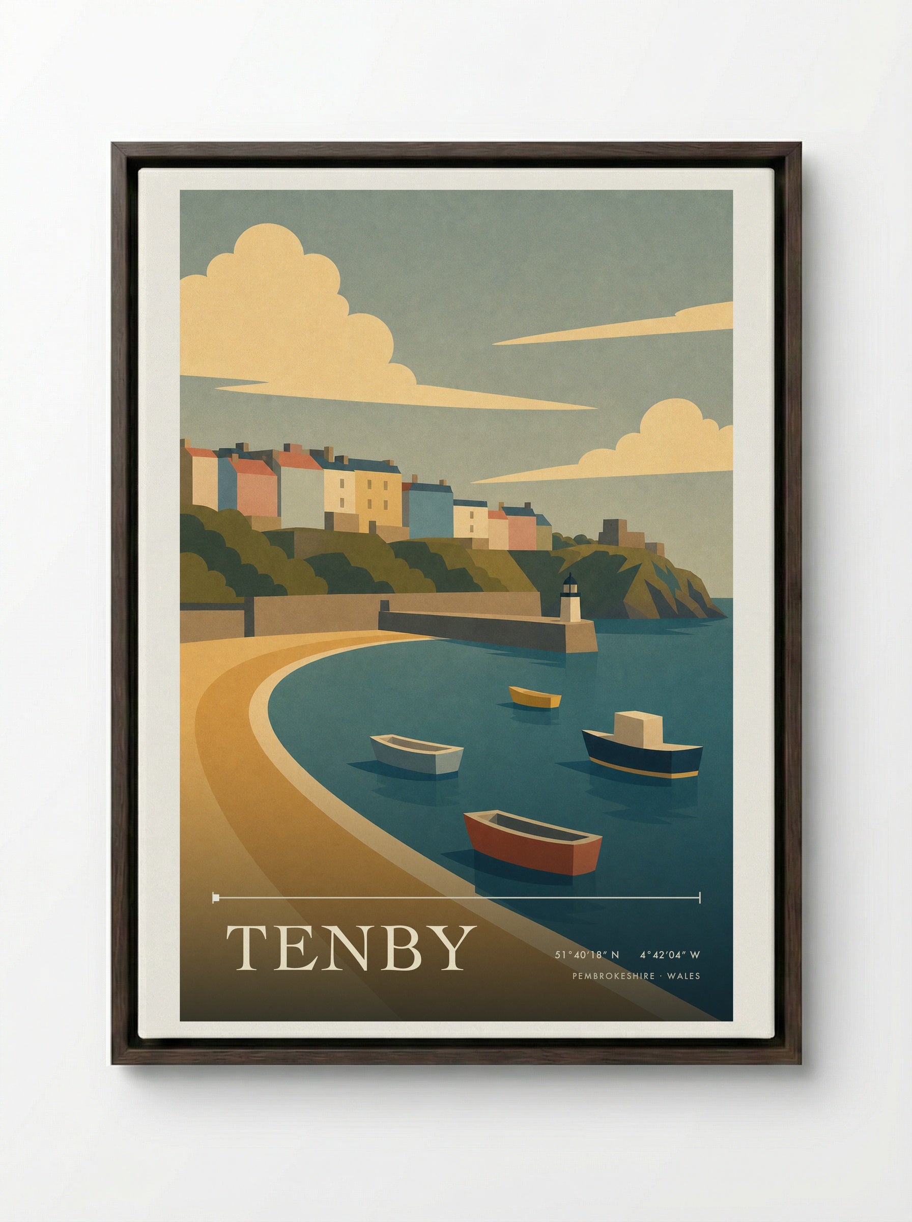 Tenby Pembrokeshire Travel Poster - Framed Canvas Dark Wood