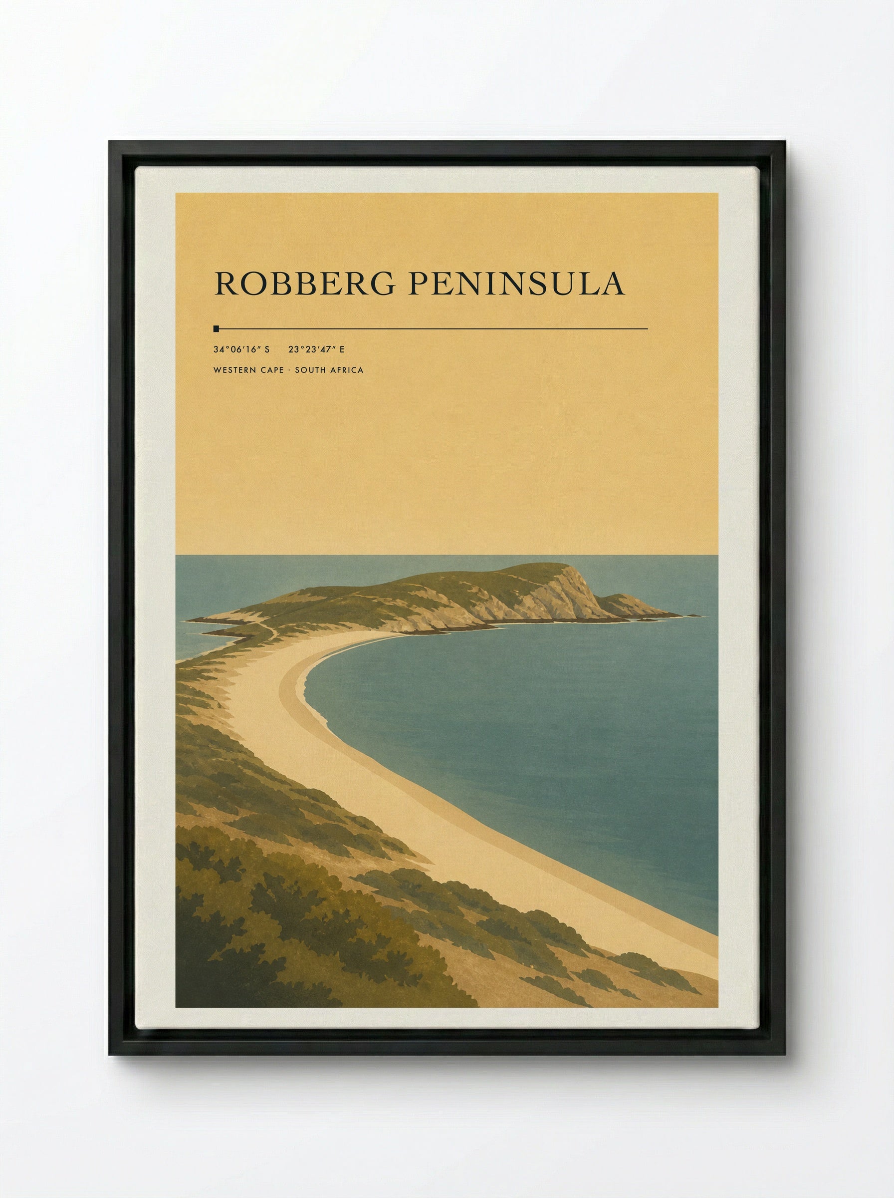 Robberg Peninsula Travel Poster Artwork - Framed Canvas Black