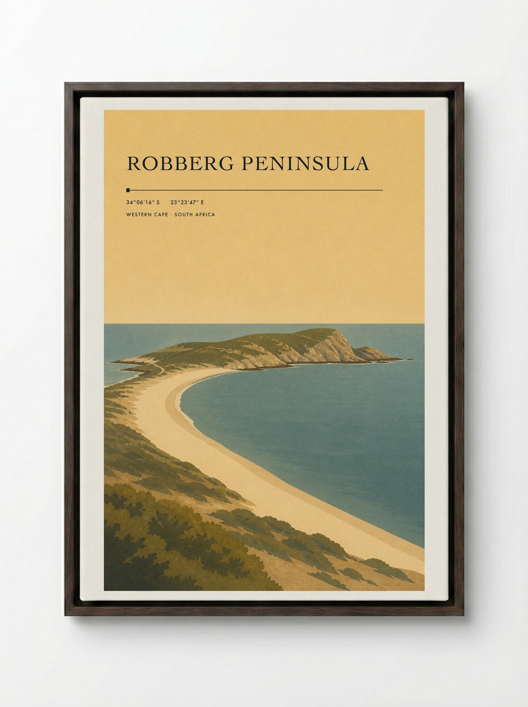 Robberg Peninsula Travel Poster Artwork - Framed Canvas Dark Wood