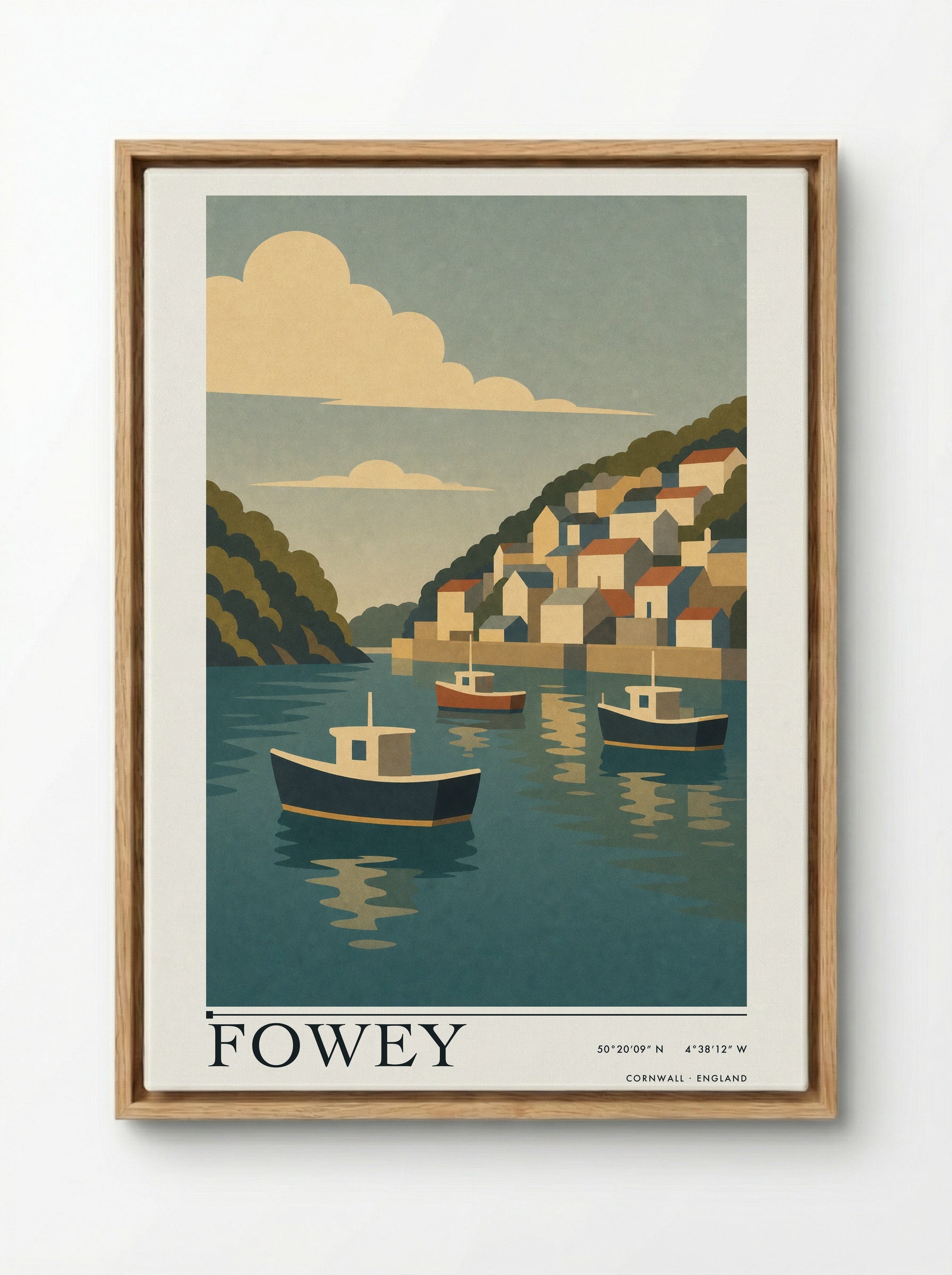 Fowey Cornwall Travel Poster - Framed Canvas Wood
