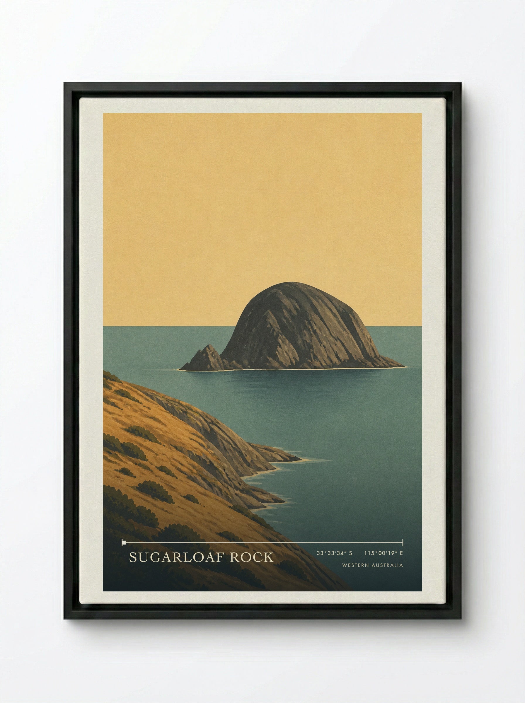 Sugarloaf Rock Travel Poster Artwork - Framed Canvas Black