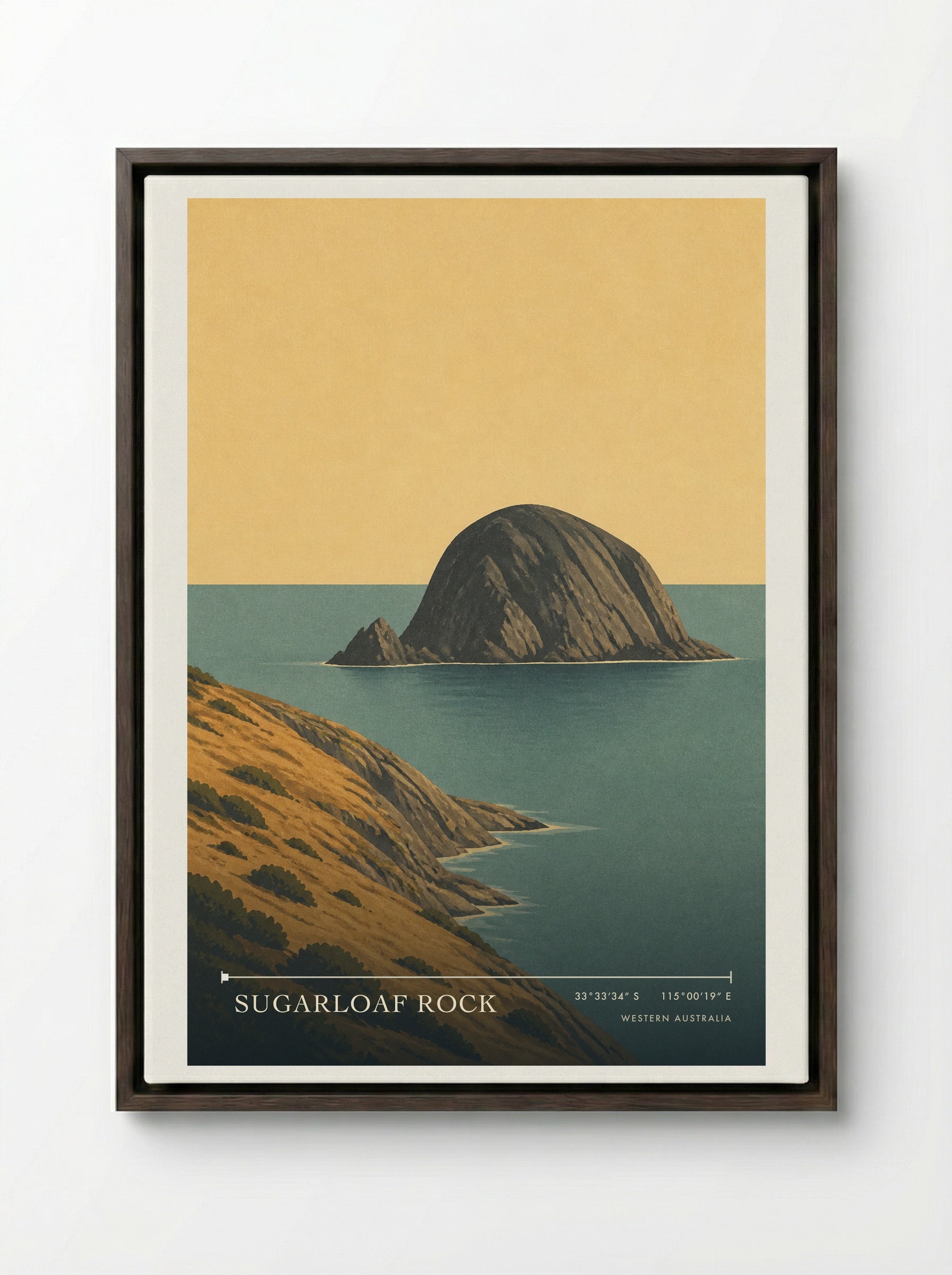 Sugarloaf Rock Travel Poster Artwork - Framed Canvas Dark Wood