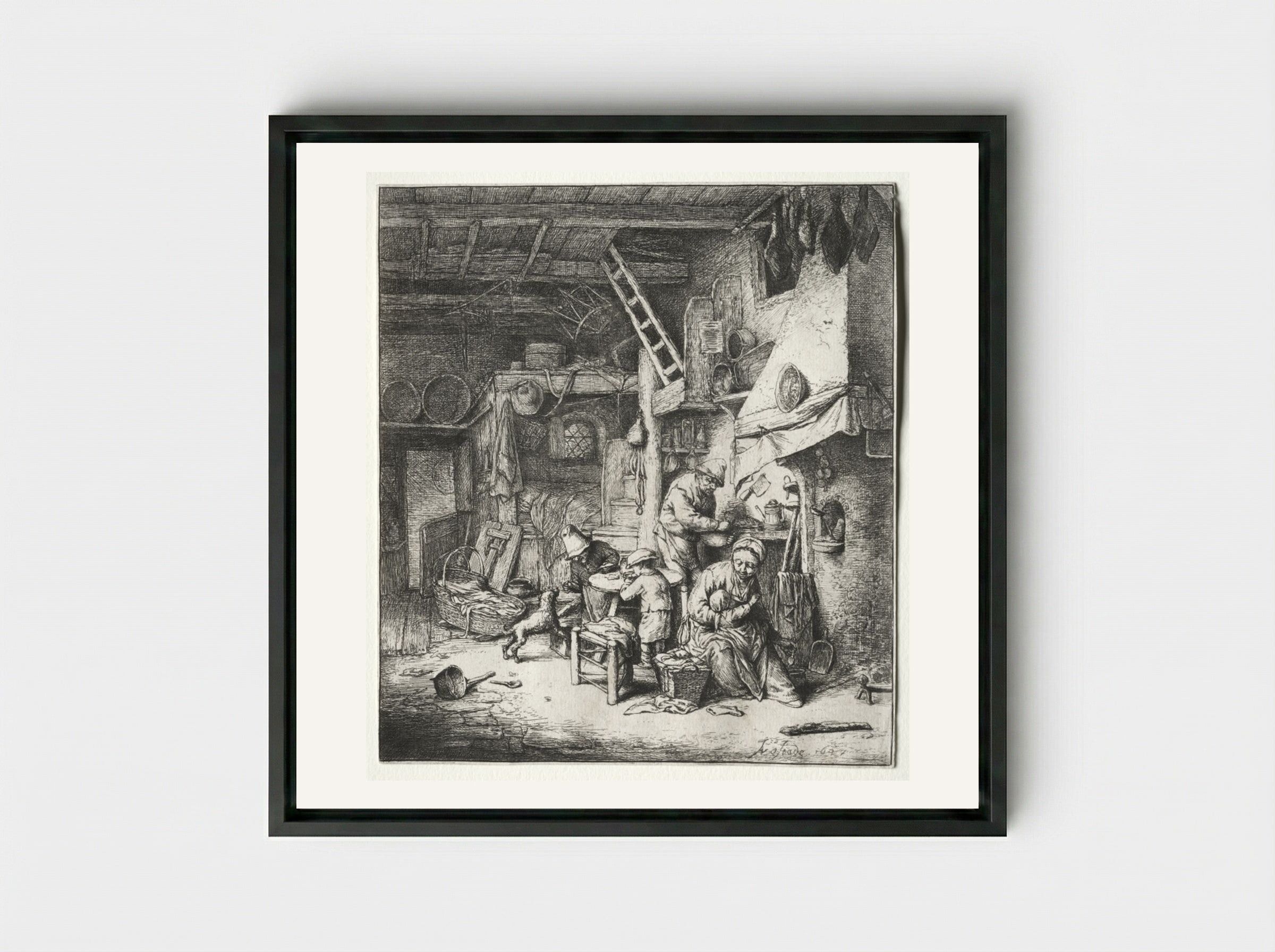 The Family - Adriaen van Ostade - Framed Canvas Black