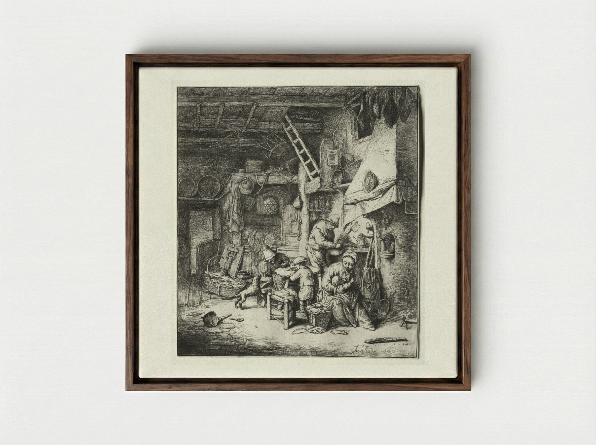 The Family - Adriaen van Ostade - Framed Canvas Dark Wood
