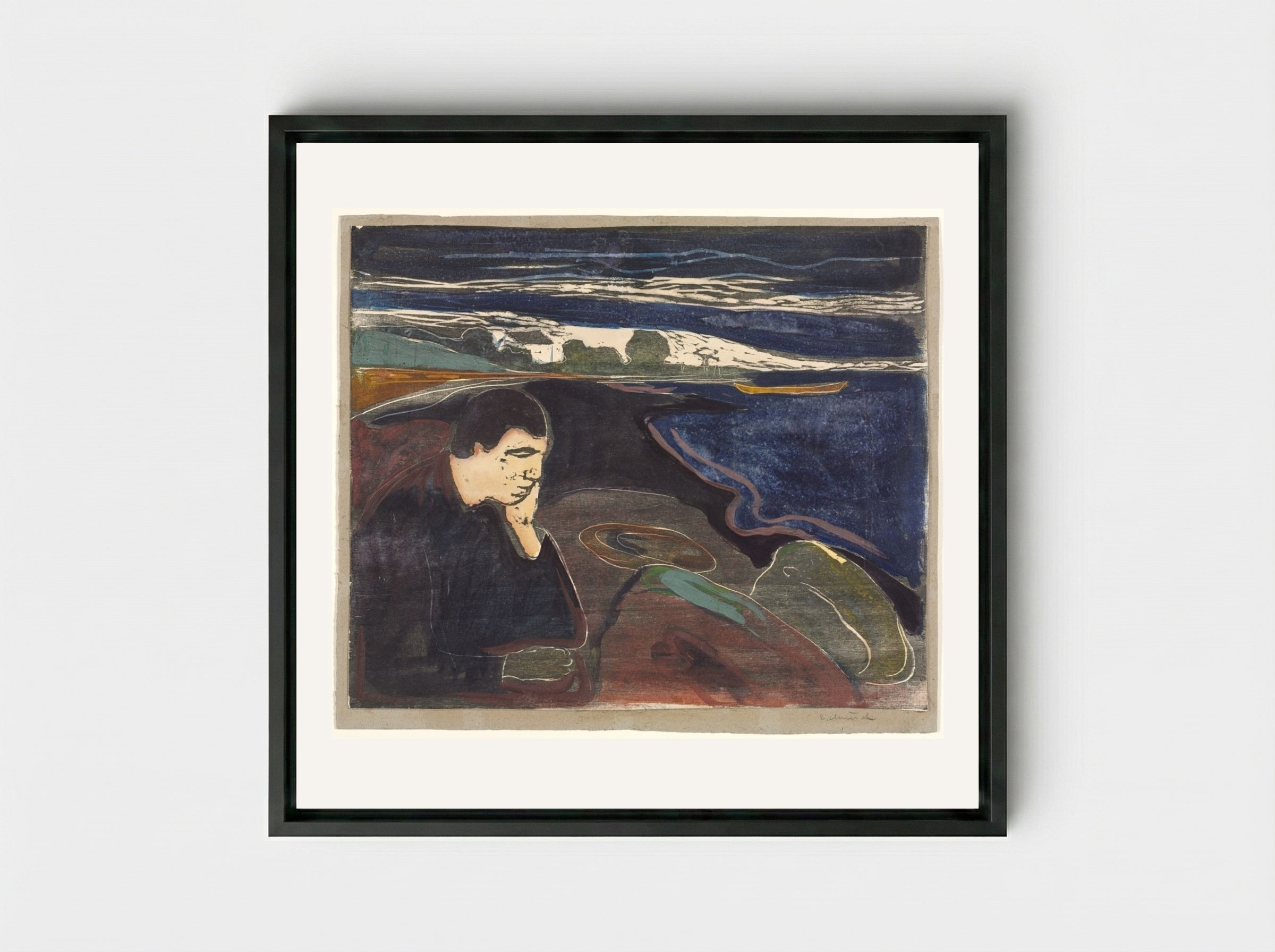 Evening, Melancholy I - Edvard Munch - Framed Canvas Black