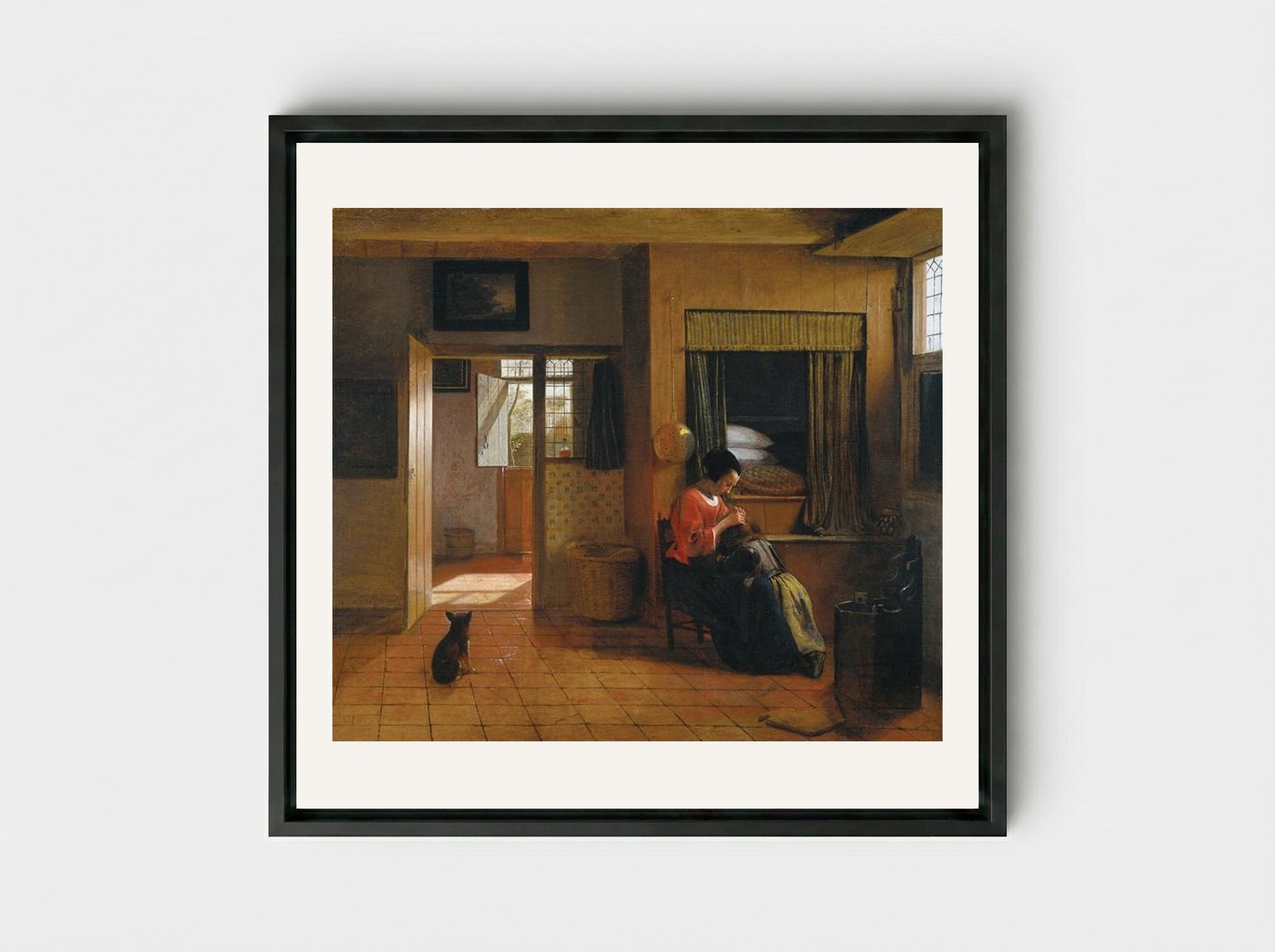 Interior with a Mother delousing her Child - Pieter de Hooch - Framed Canvas Black