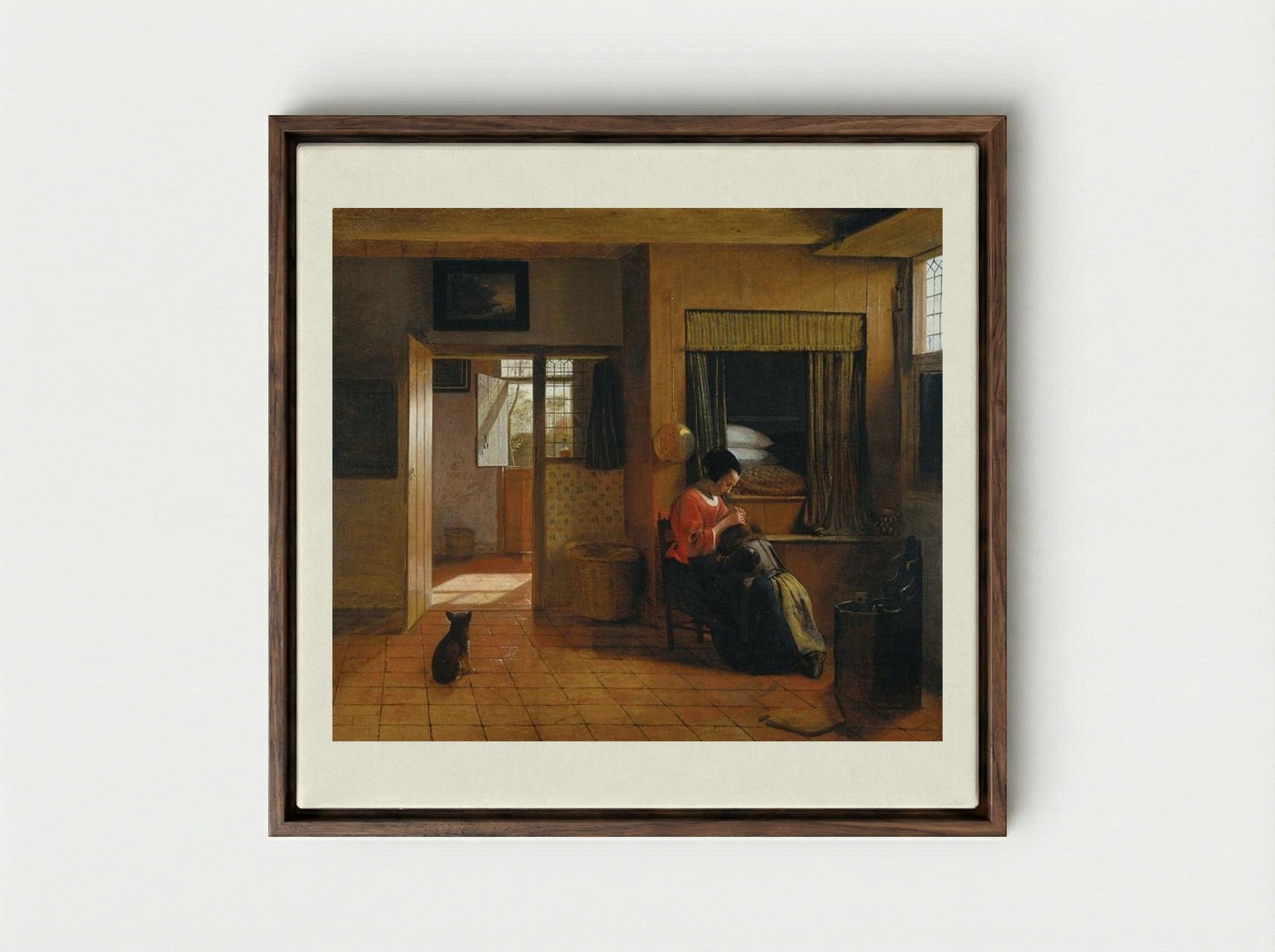 Interior with a Mother delousing her Child - Pieter de Hooch - Framed Canvas Dark Wood