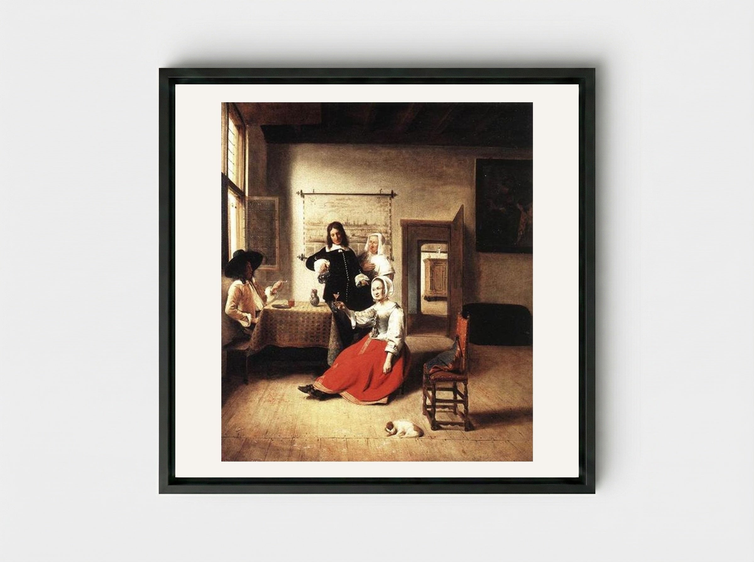 Woman Drinking with Soldiers - Pieter de Hooch - Framed Canvas Black