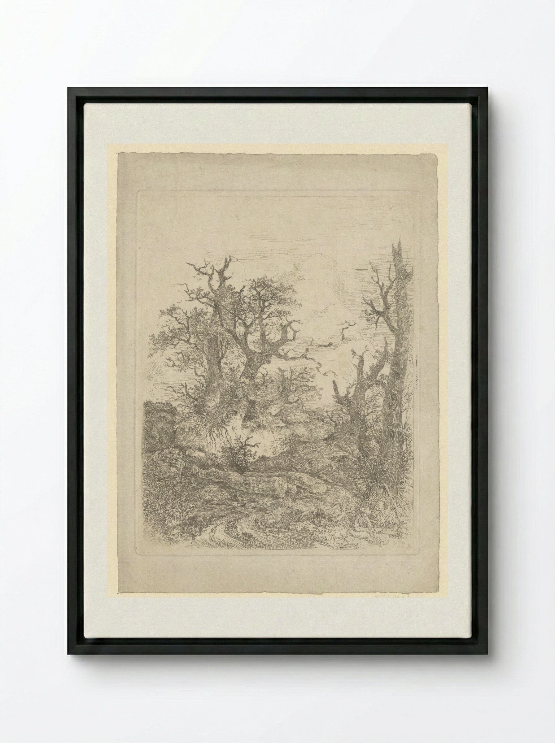 Boy Sitting Before a Bare Tree, Three Tree Trunks in the Centre - John Crome - Framed Canvas Black