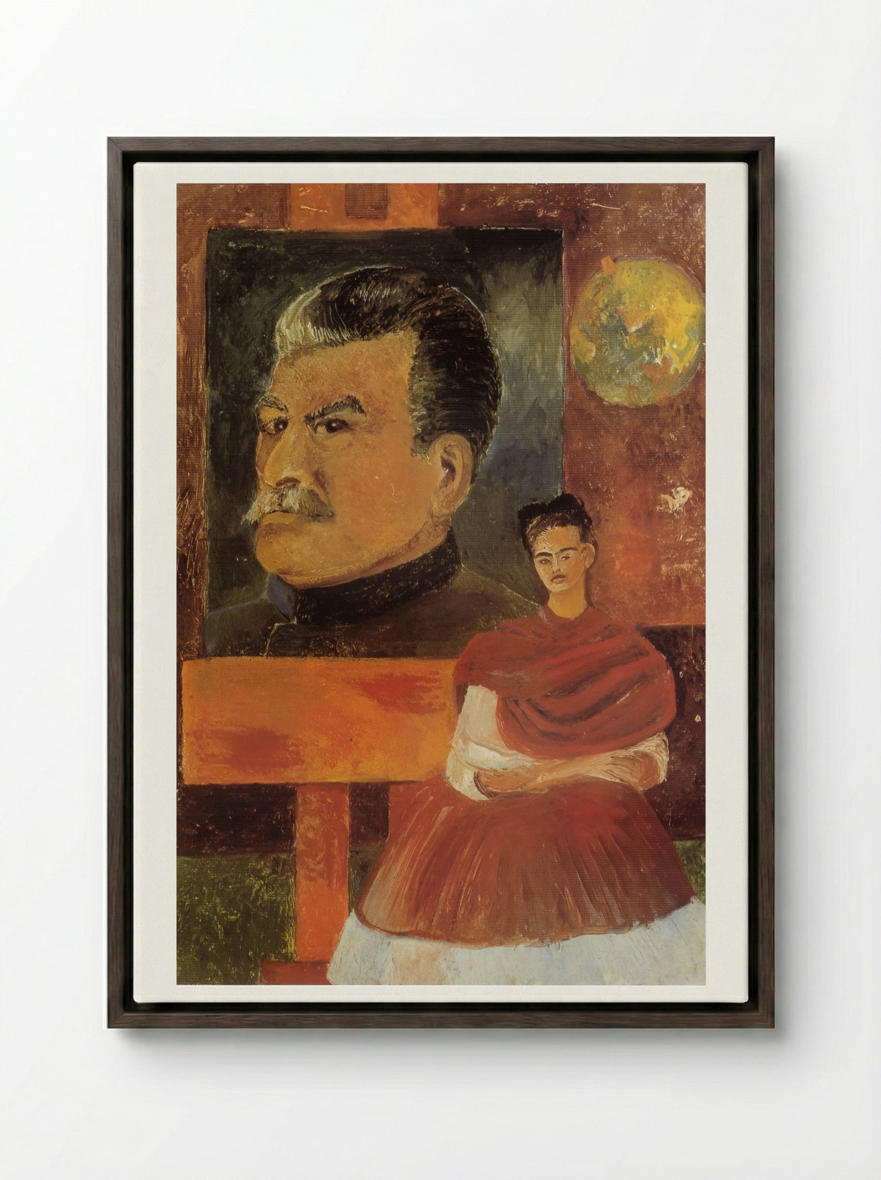 Self-Portrait with Stalin - Frida Kahlo - Framed Canvas Dark Wood