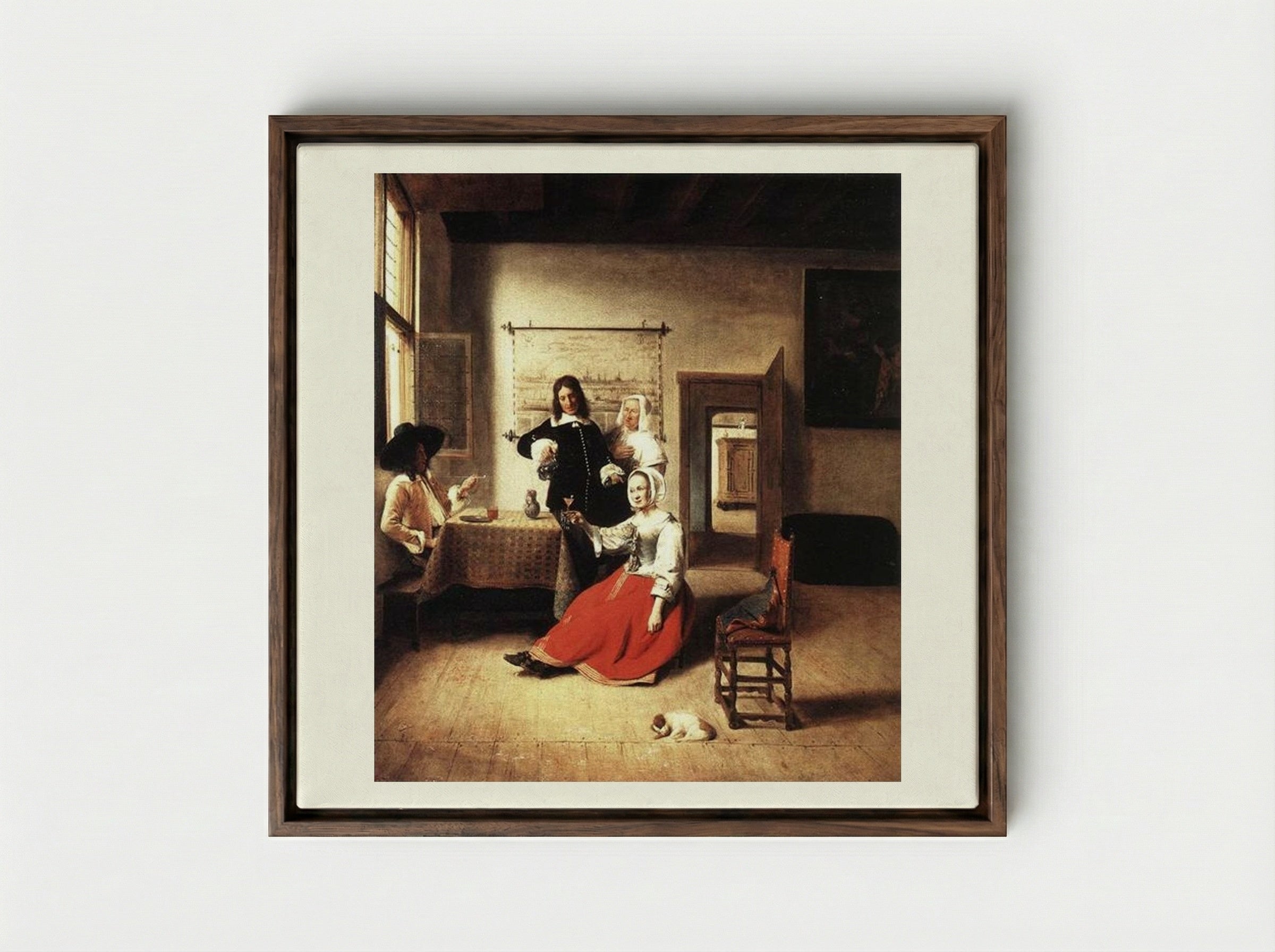 Woman Drinking with Soldiers - Pieter de Hooch - Framed Canvas Dark Wood