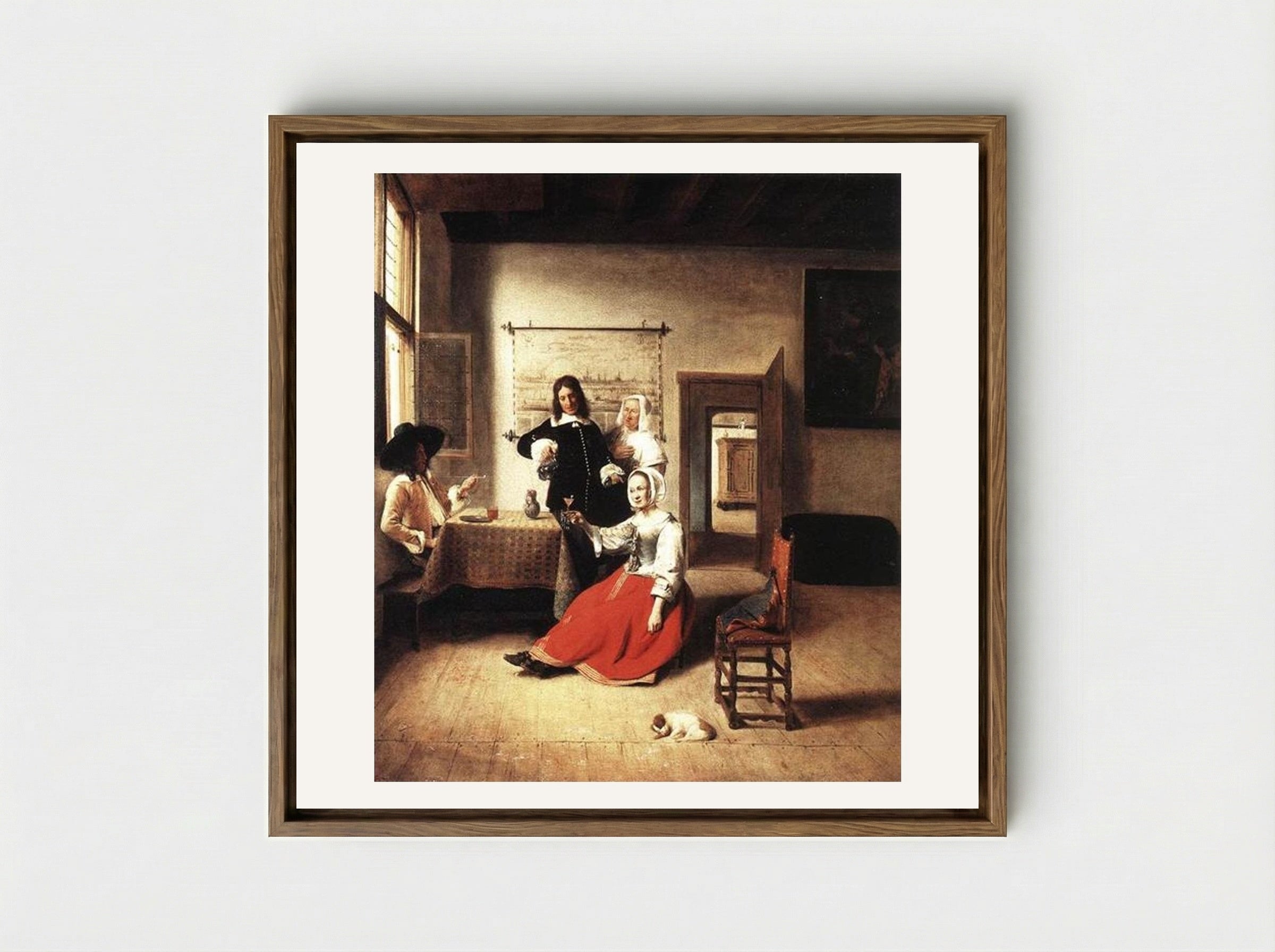 Woman Drinking with Soldiers - Pieter de Hooch - Framed Canvas Wood
