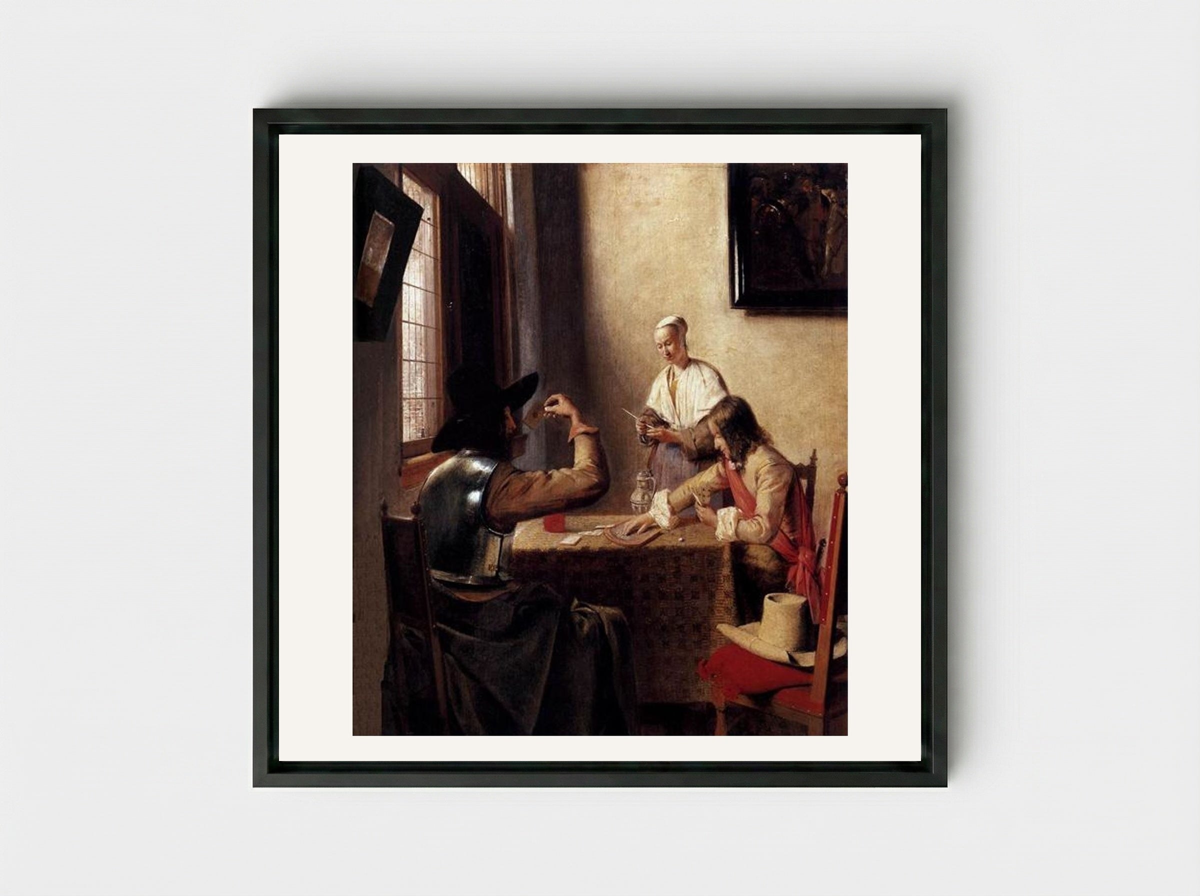 Soldiers Playing Cards - Pieter de Hooch - Framed Canvas Black