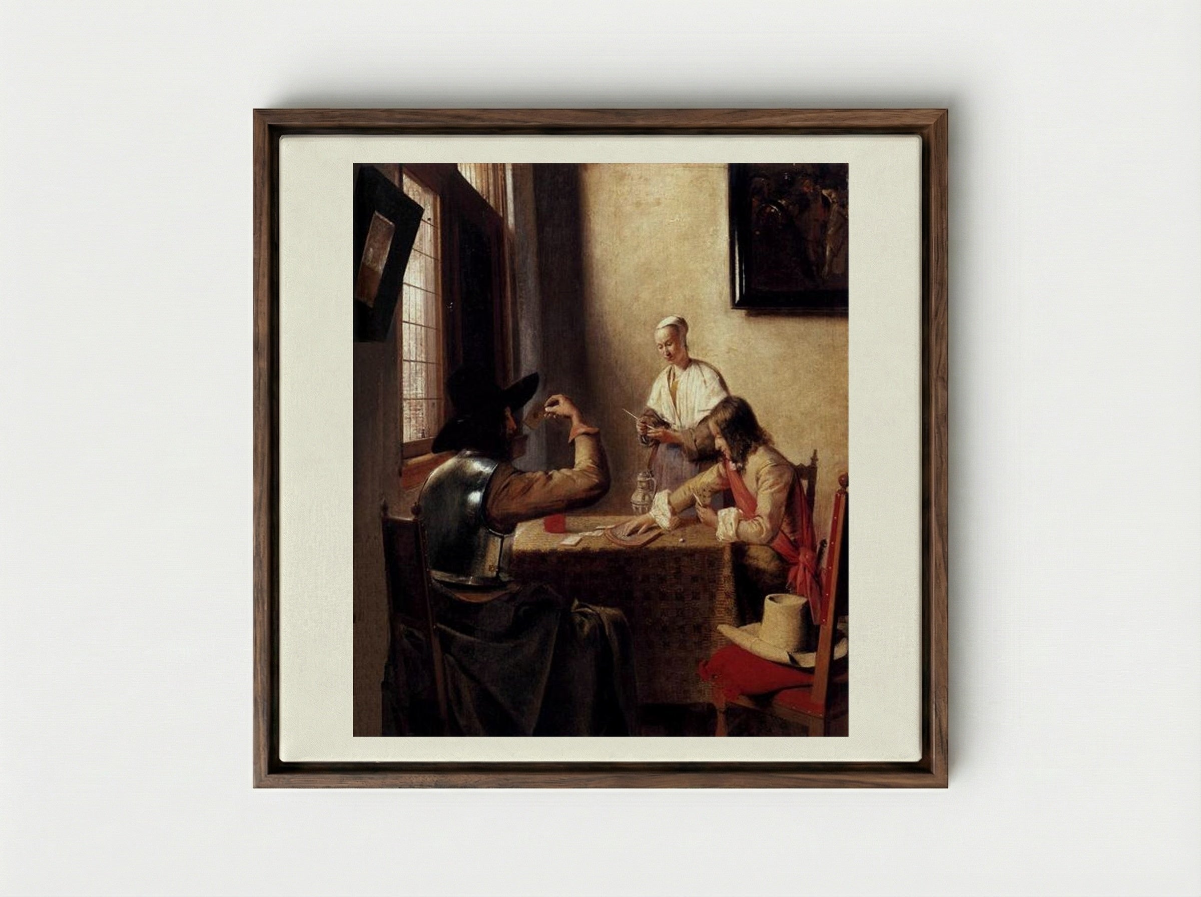 Soldiers Playing Cards - Pieter de Hooch - Framed Canvas Dark Wood