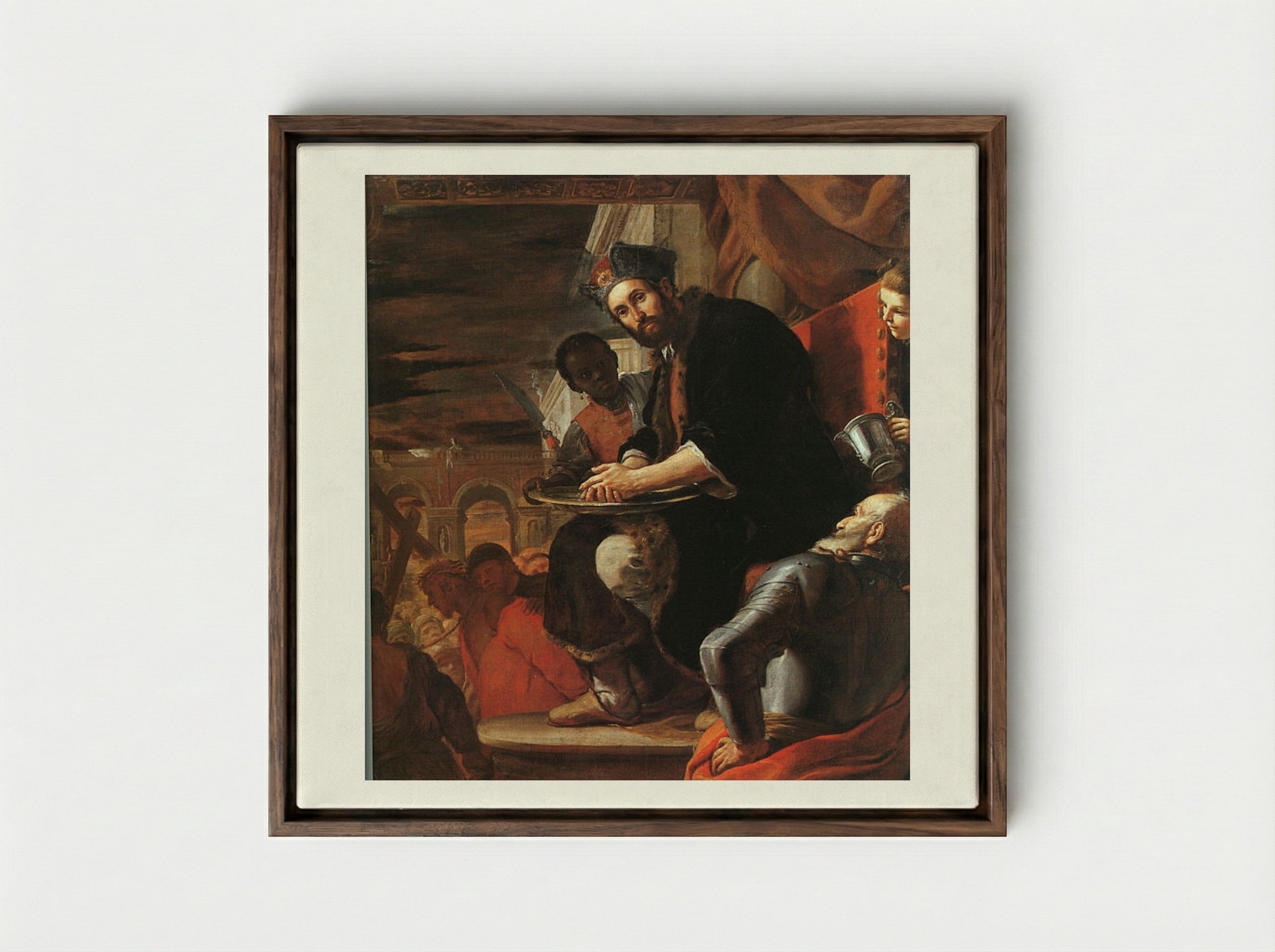 Pilate Washing His Hands - Mattia Preti - Framed Canvas Dark Wood
