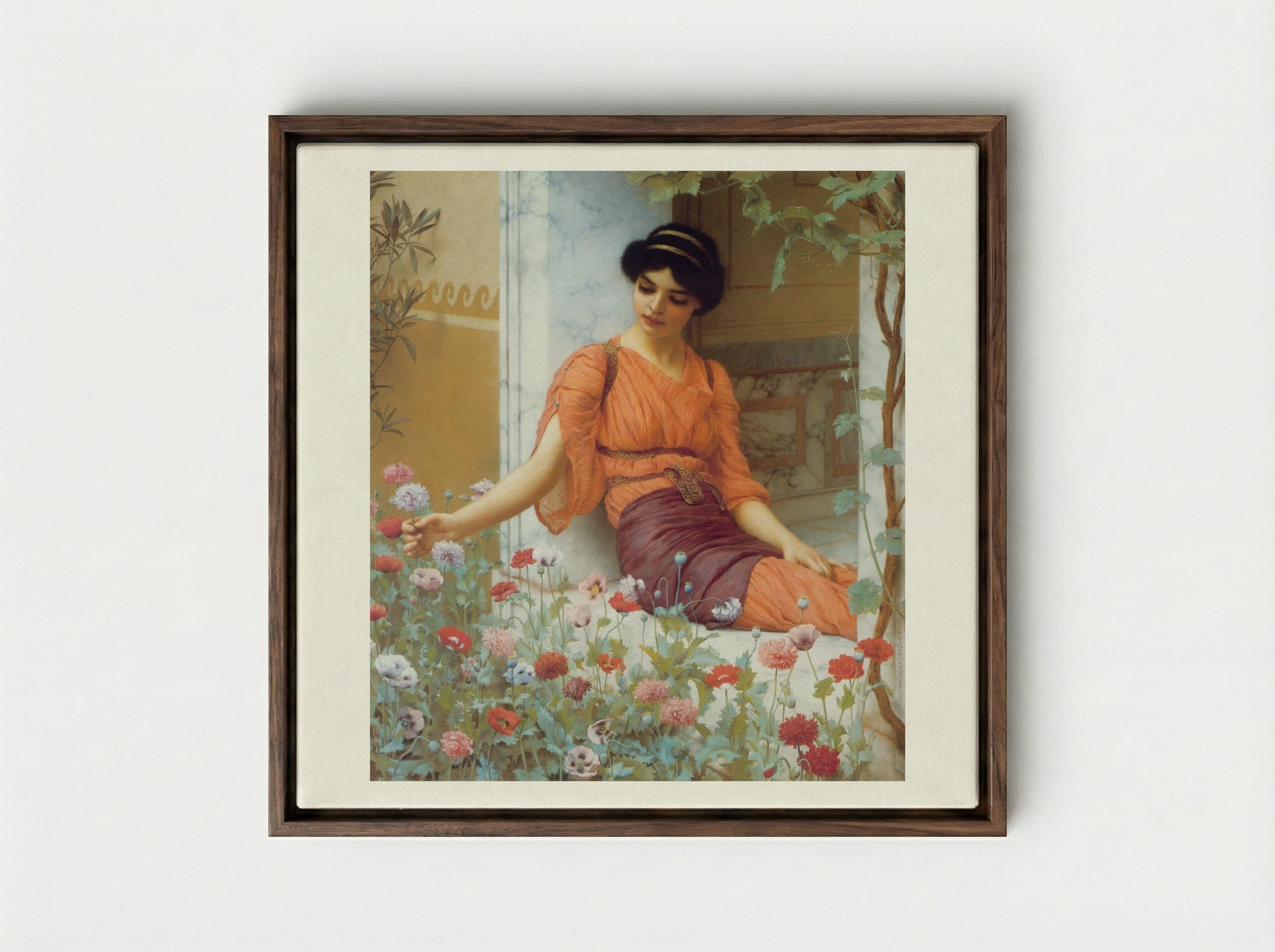 Summer Flowers - John William Godward - Framed Canvas Dark Wood