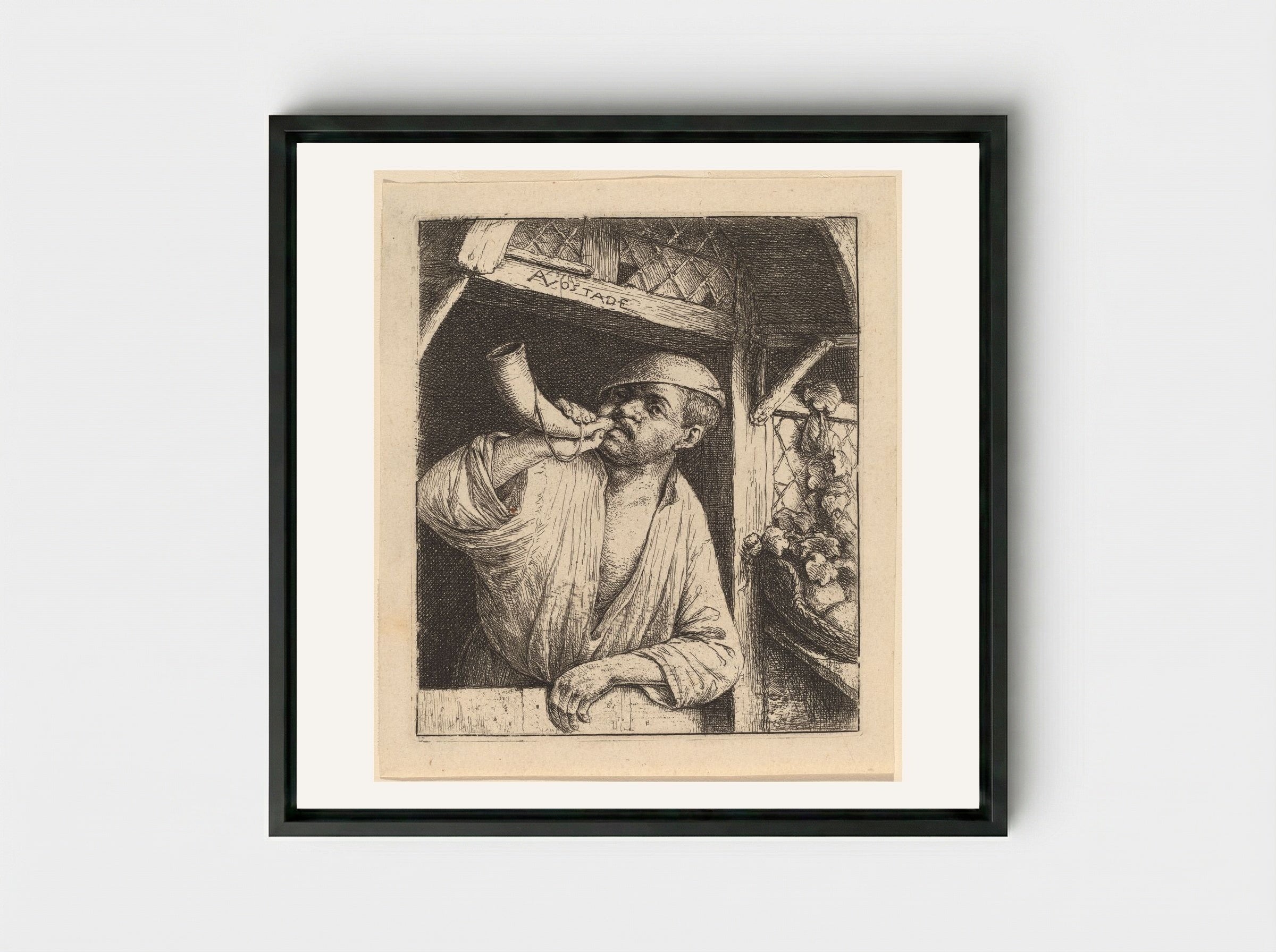 The Baker Sounding His Horn - Adriaen van Ostade - Framed Canvas Black