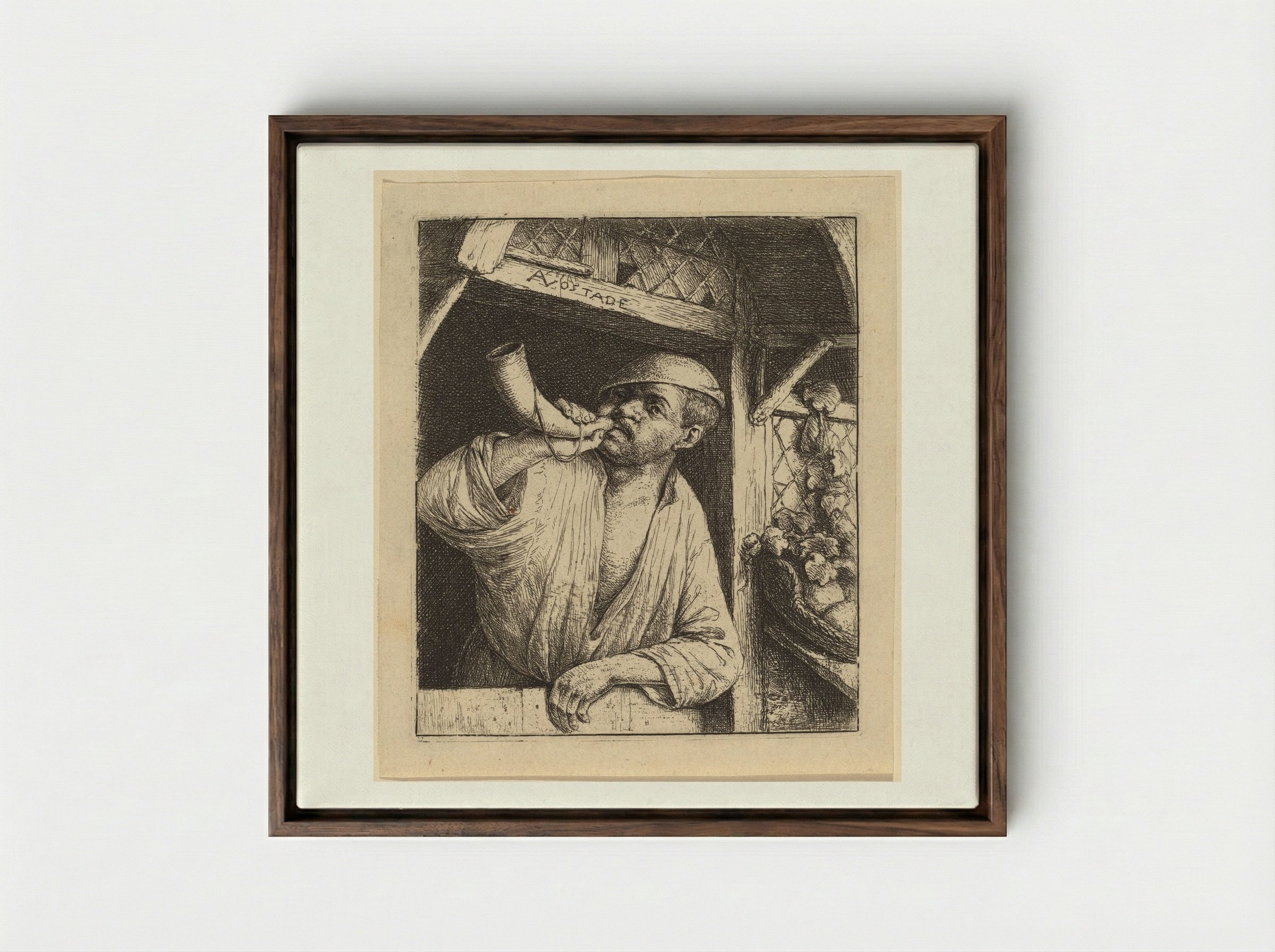 The Baker Sounding His Horn - Adriaen van Ostade - Framed Canvas Dark Wood