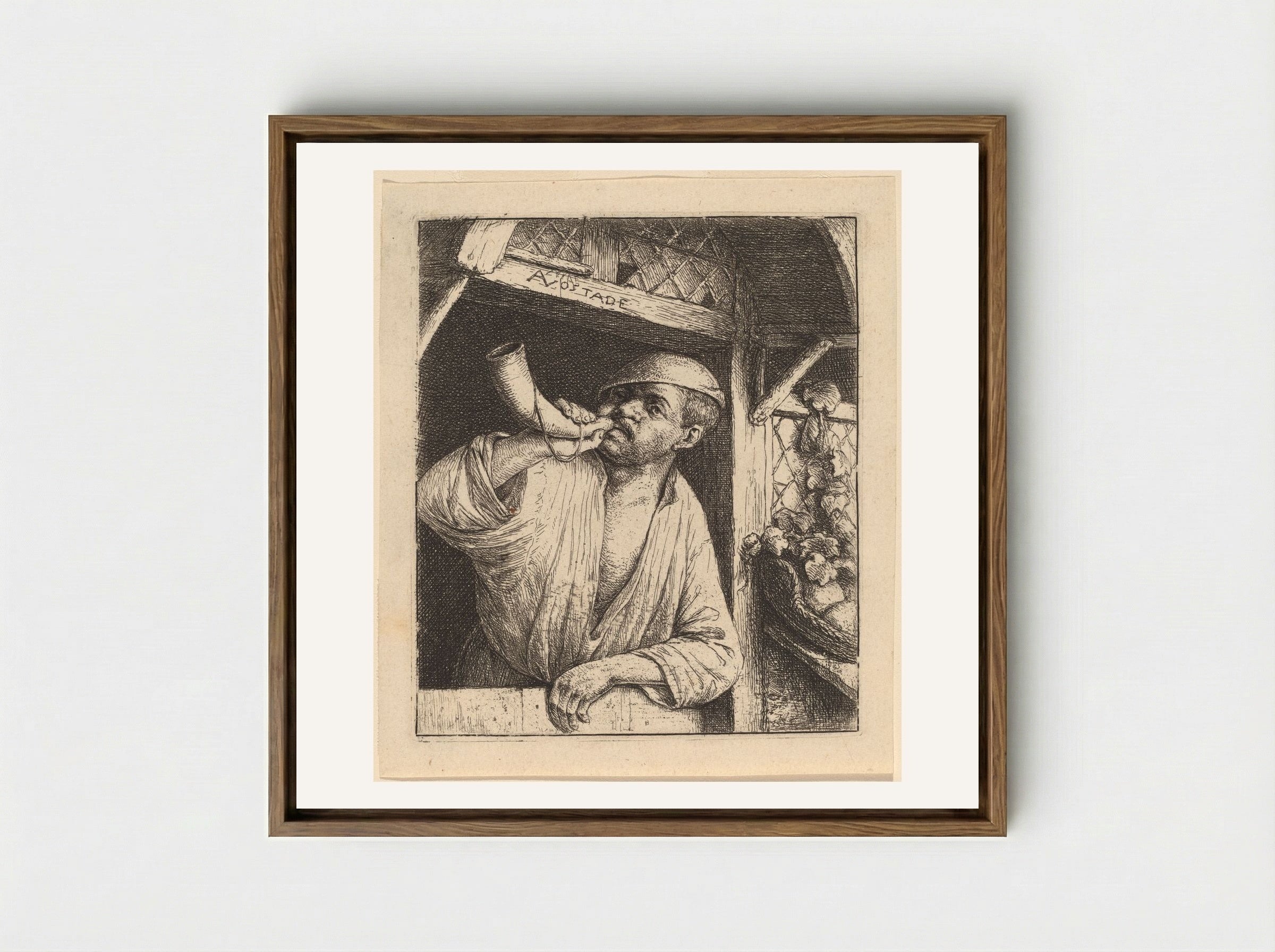 The Baker Sounding His Horn - Adriaen van Ostade - Framed Canvas Wood