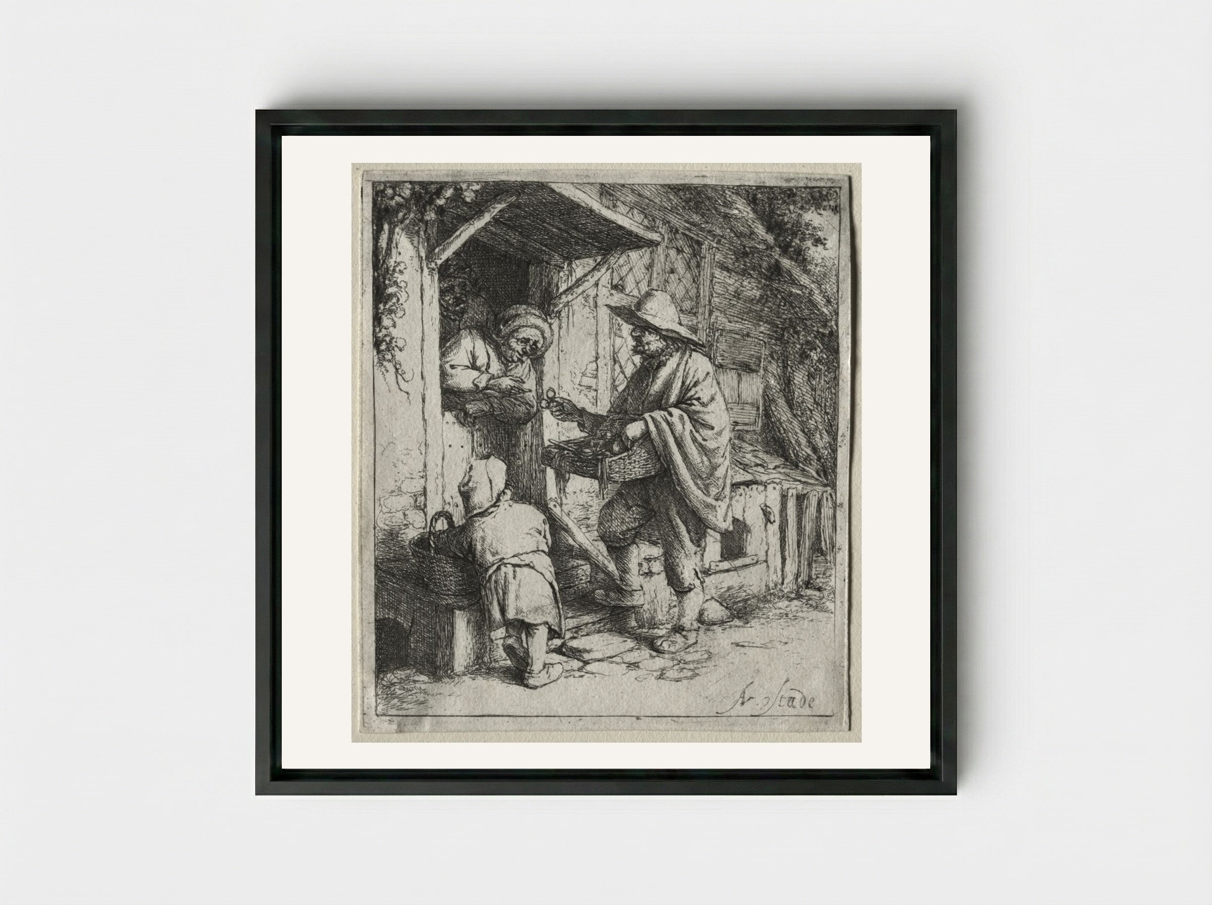 The Spectacle Seller - Adriaen van Ostade - Framed Canvas Black