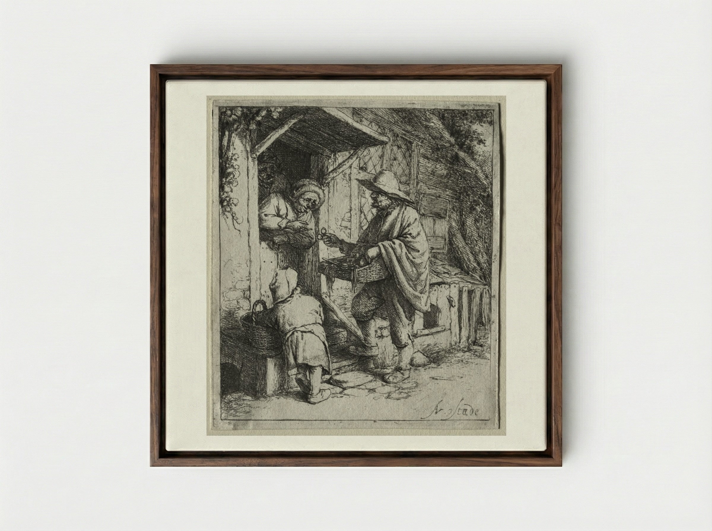 The Spectacle Seller - Adriaen van Ostade - Framed Canvas Dark Wood