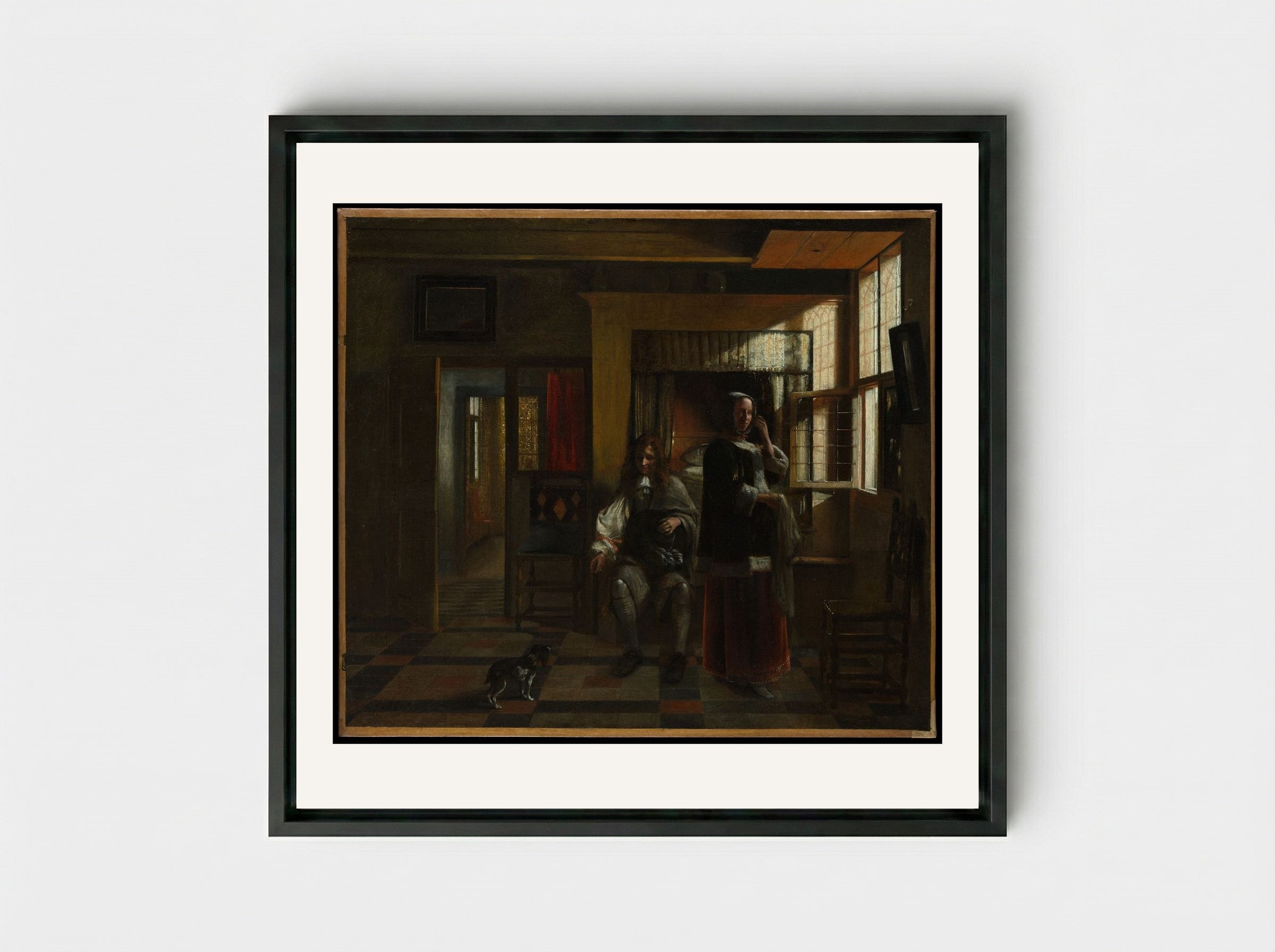 Interior with a Young Couple - Pieter de Hooch - Framed Canvas Black