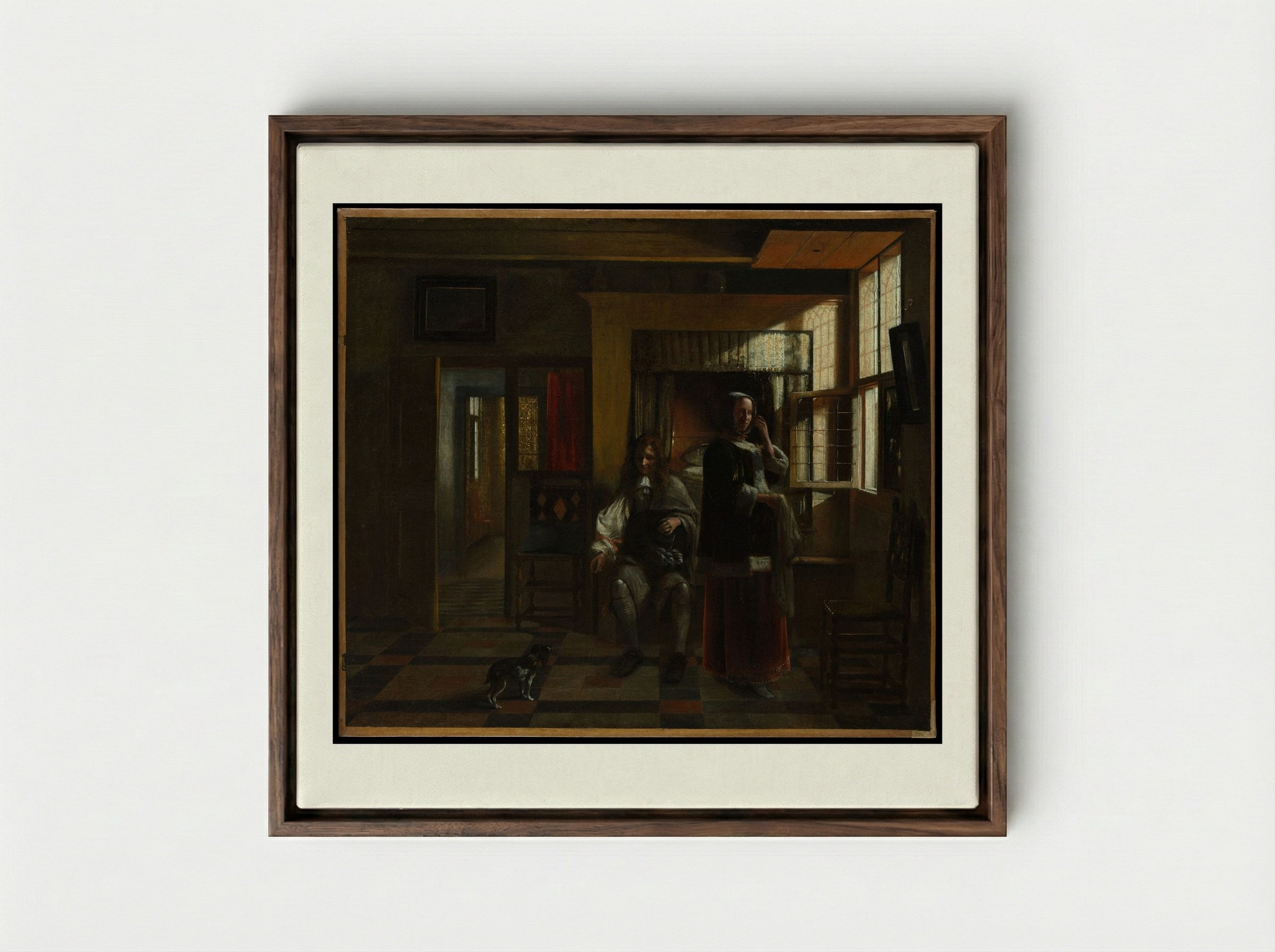 Interior with a Young Couple - Pieter de Hooch - Framed Canvas Dark Wood