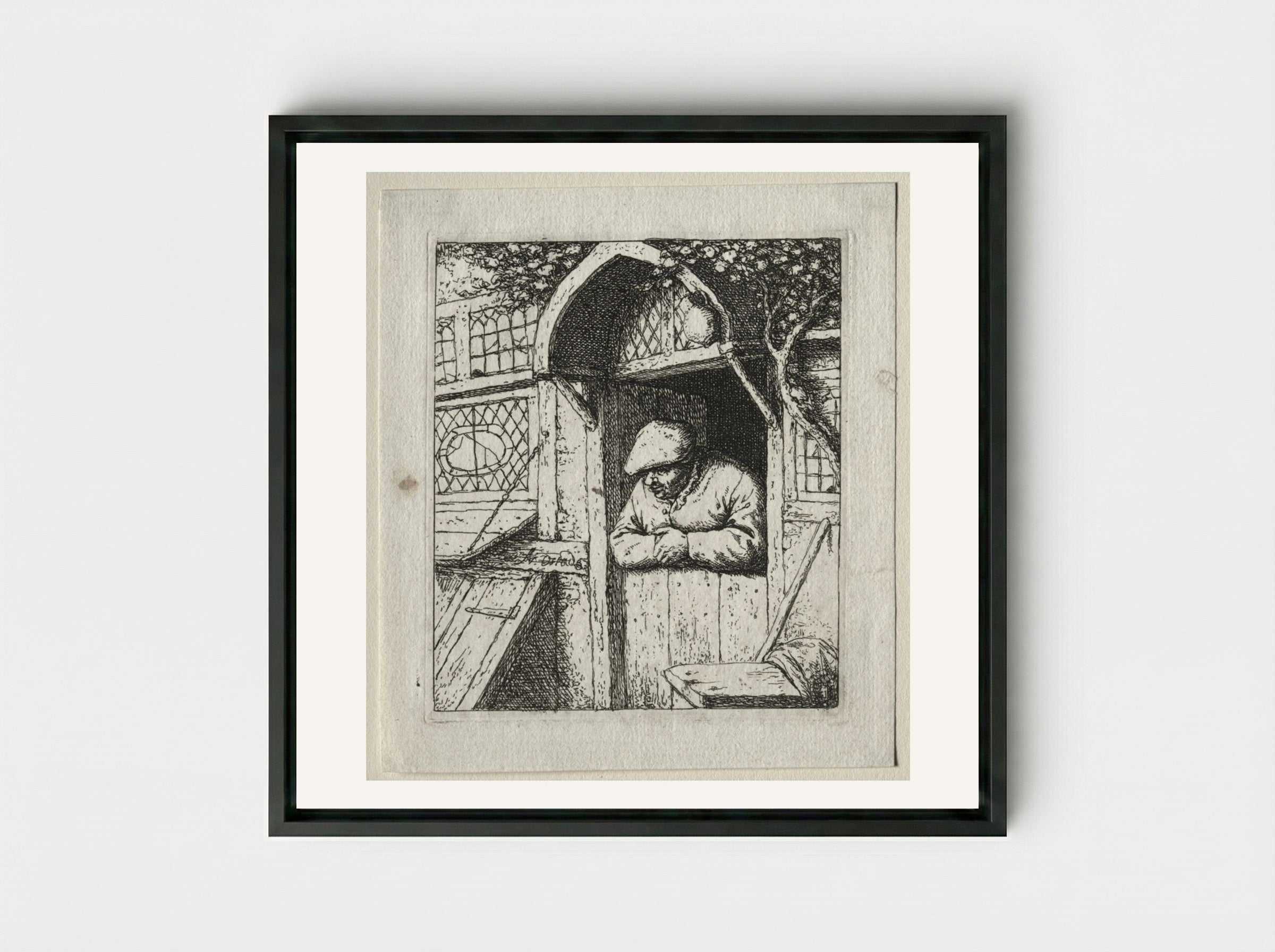Peasant Leaning on his Doorway - Adriaen van Ostade - Framed Canvas Black