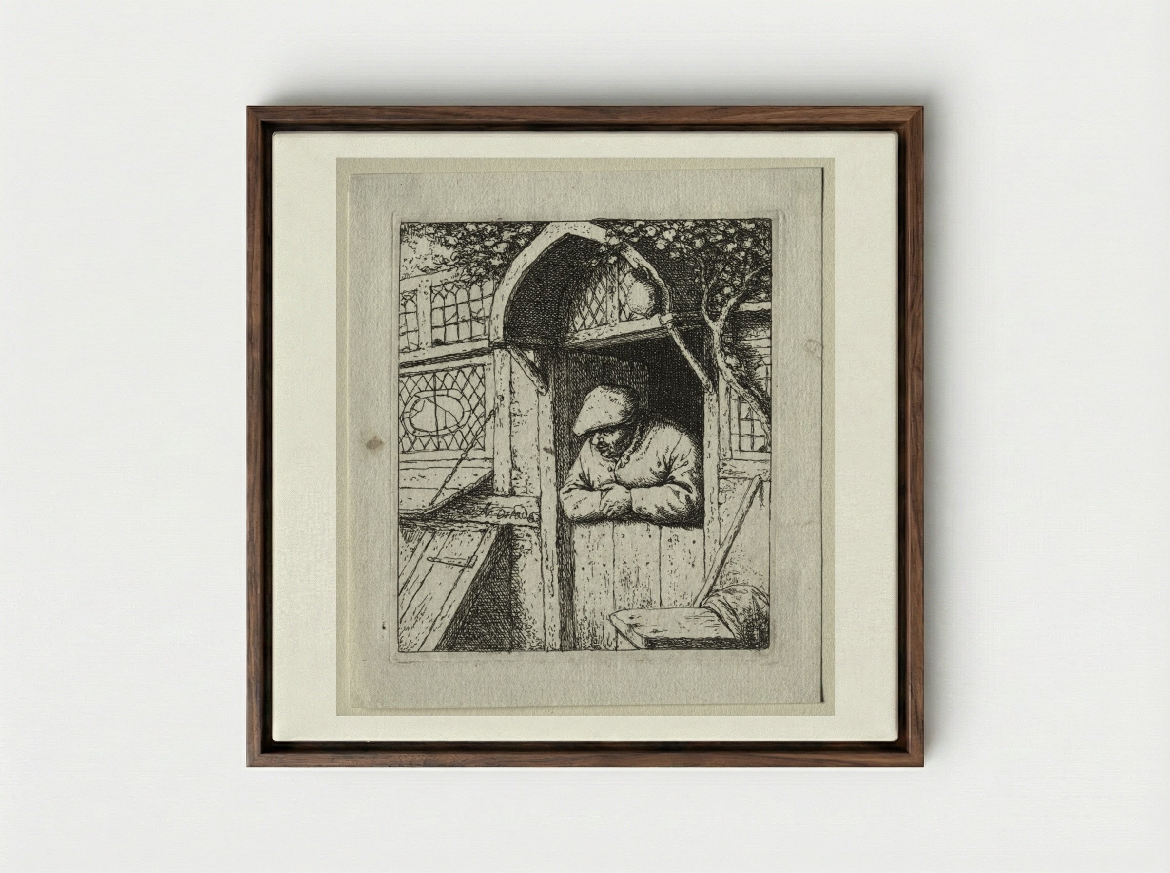 Peasant Leaning on his Doorway - Adriaen van Ostade - Framed Canvas Dark Wood