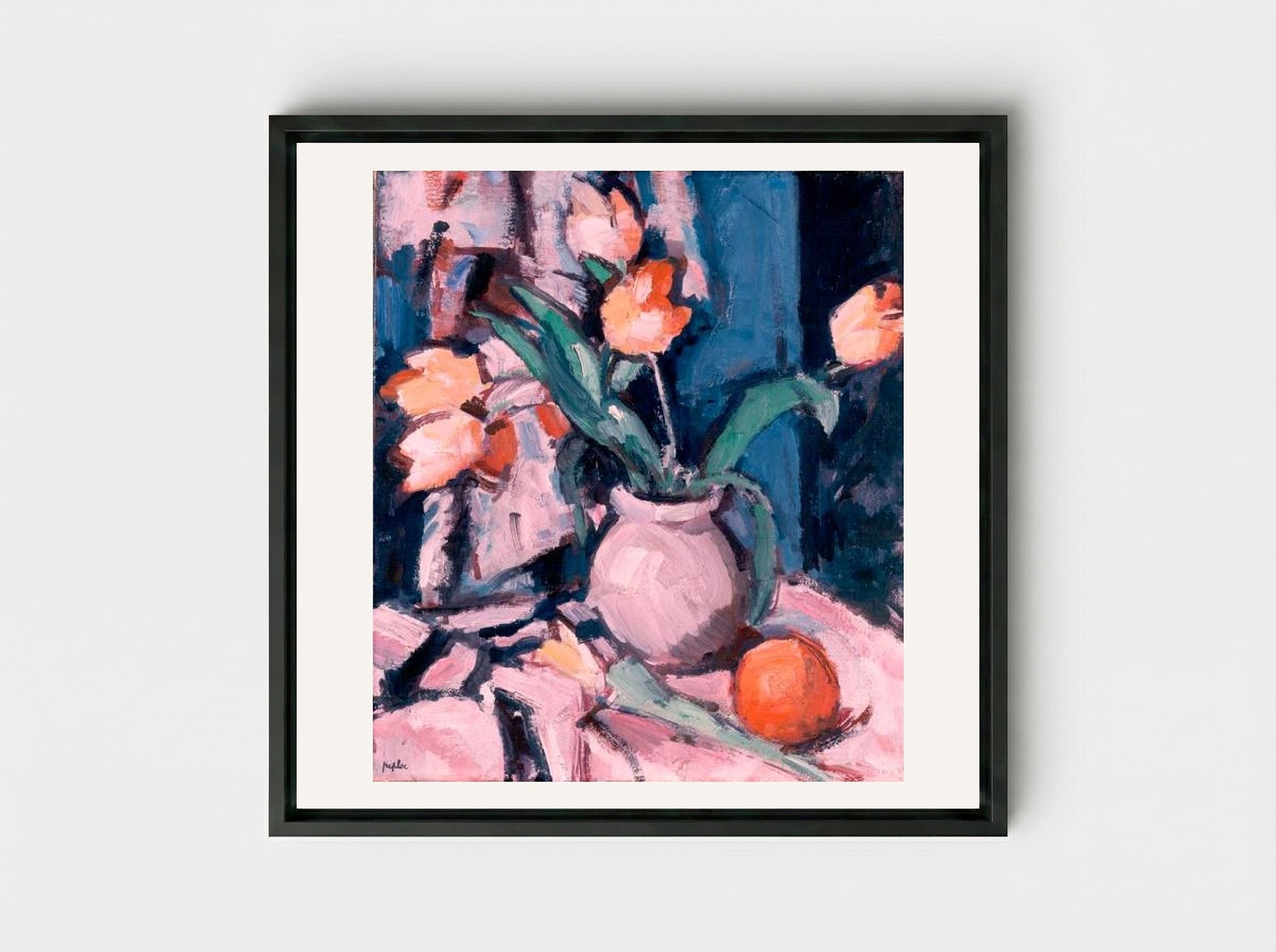 Tulips in a Brown Jar - Samuel Peploe - Framed Canvas Black