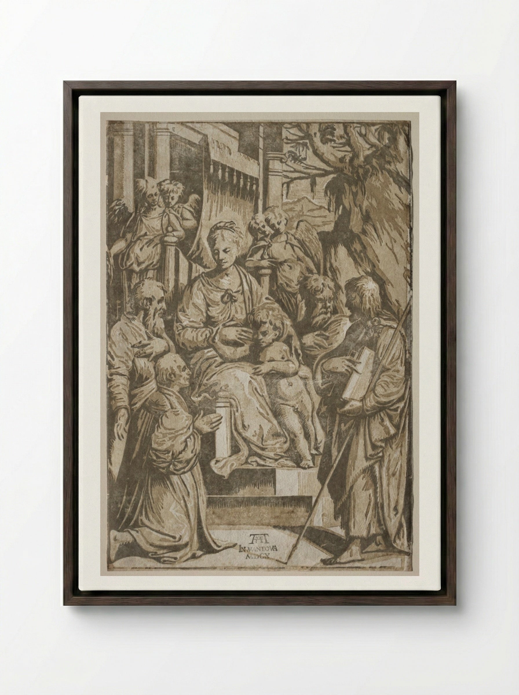 The Virgin and Child with Saints and a Donor - Andrea Andreani - Framed Canvas Dark Wood