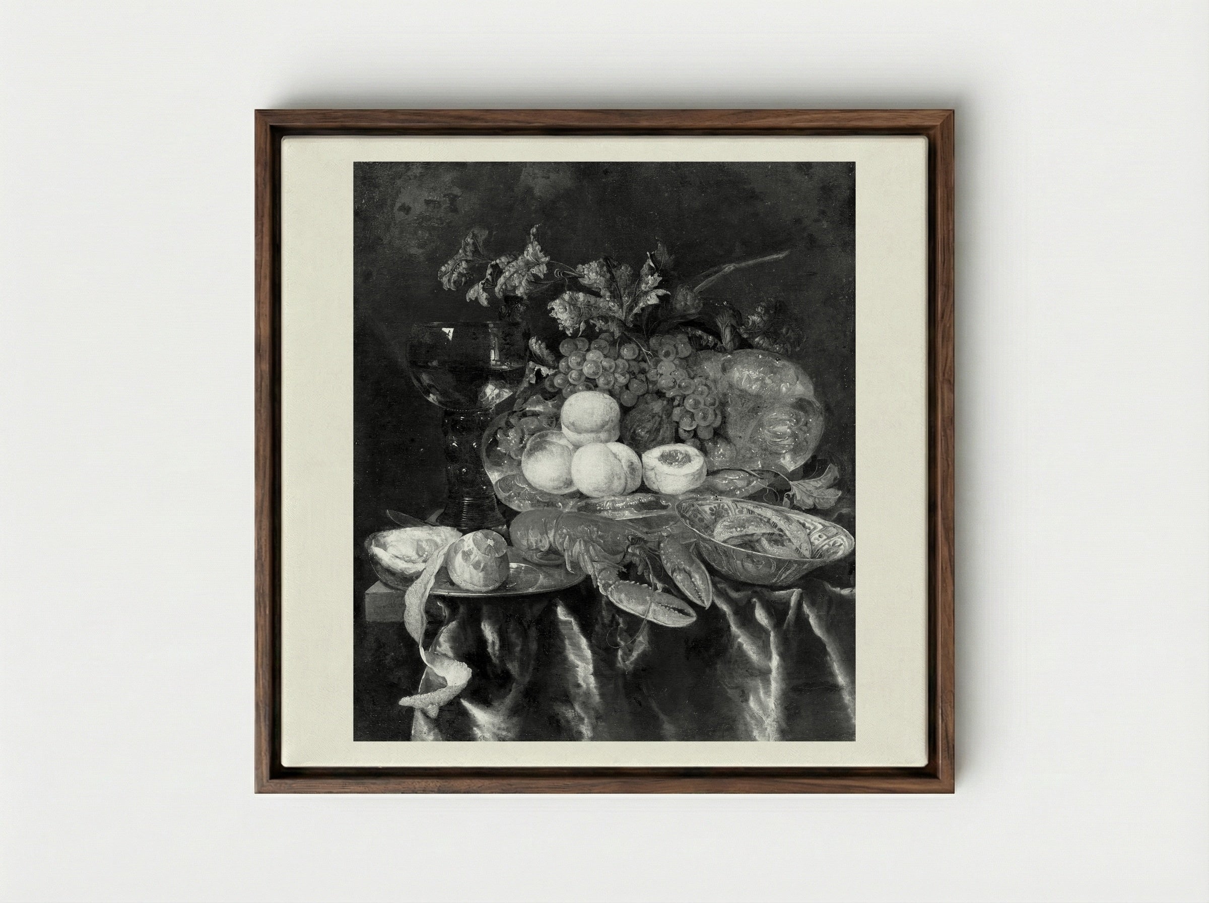 Still Life with Lobster and Fruit - Abraham van Beyeren - Framed Canvas Dark Wood