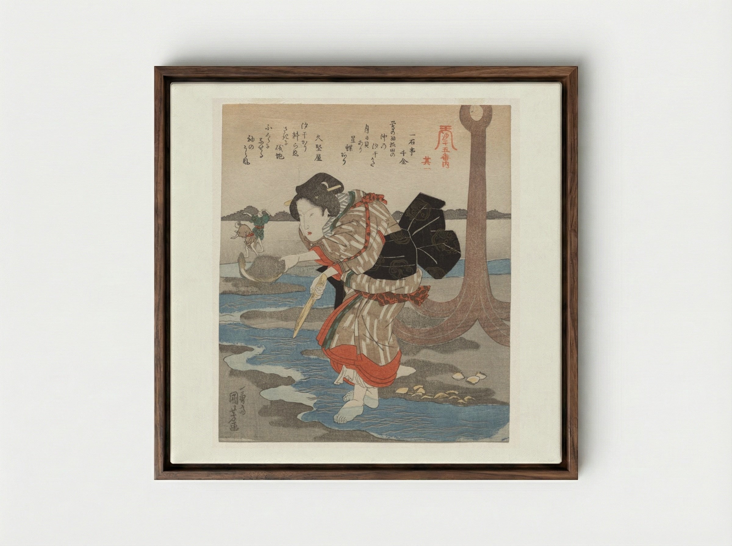 First Print from A Low Tide Pentaptych - Utagawa Kuniyoshi - Framed Canvas Dark Wood