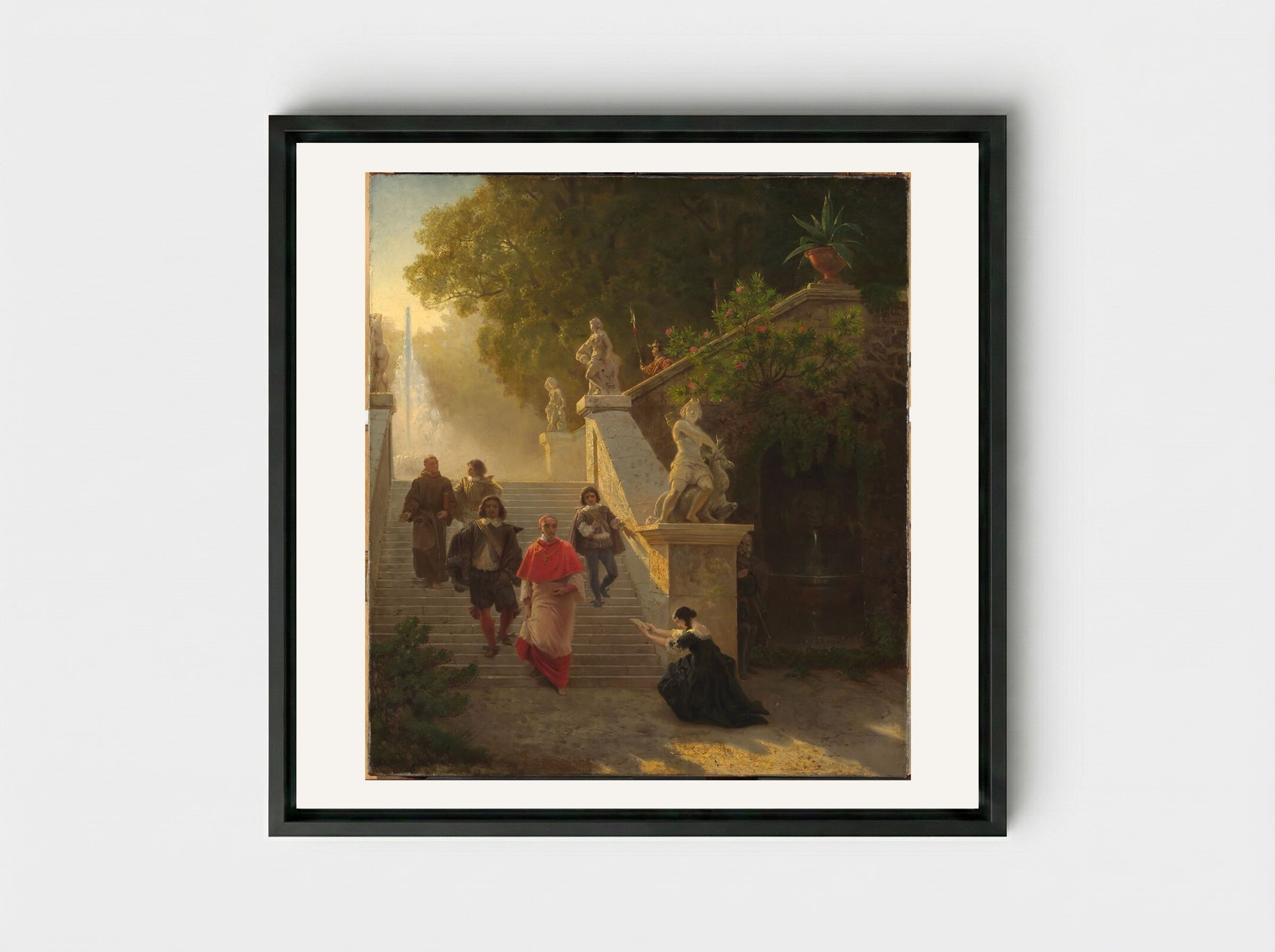 A Cardinal and his Entourage in a Park - Emanuel Gottlieb Leutze - Framed Canvas Black