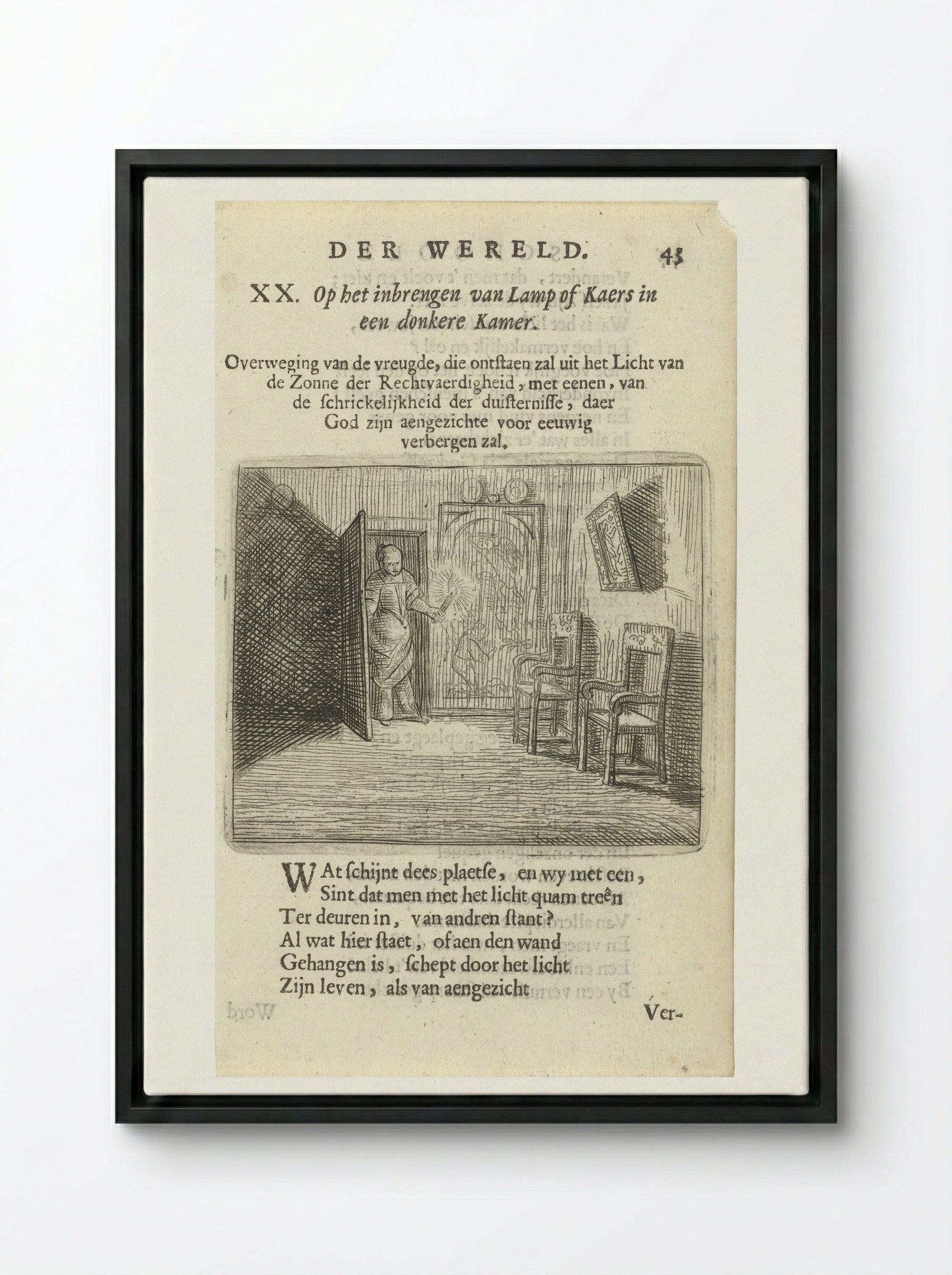 Vrouw met kaars in een duistere kamer - Arnold Houbraken - Framed Canvas Black